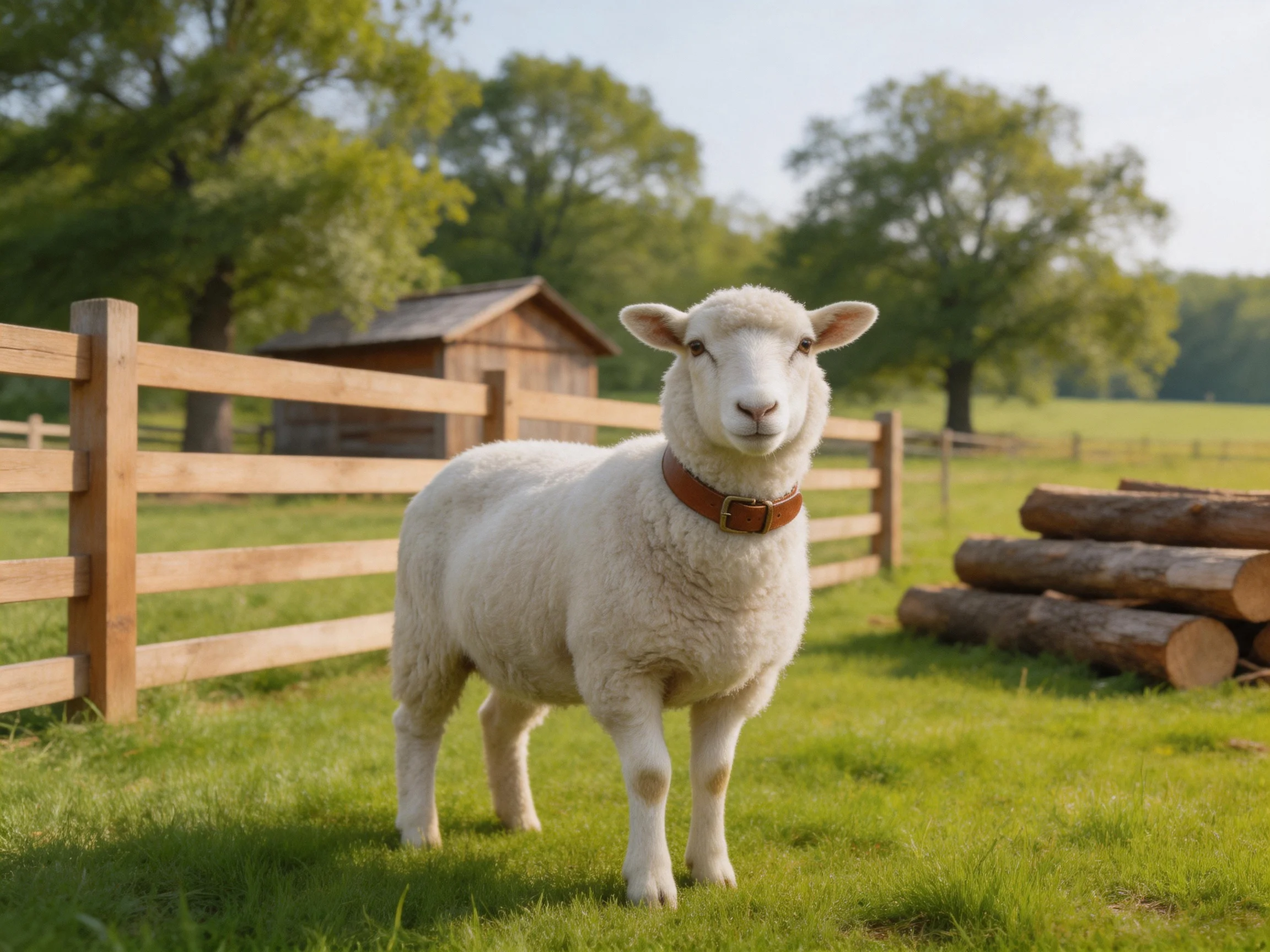 A fluffy white lamb stands in a sunny pasture with a wooden fence nearby.