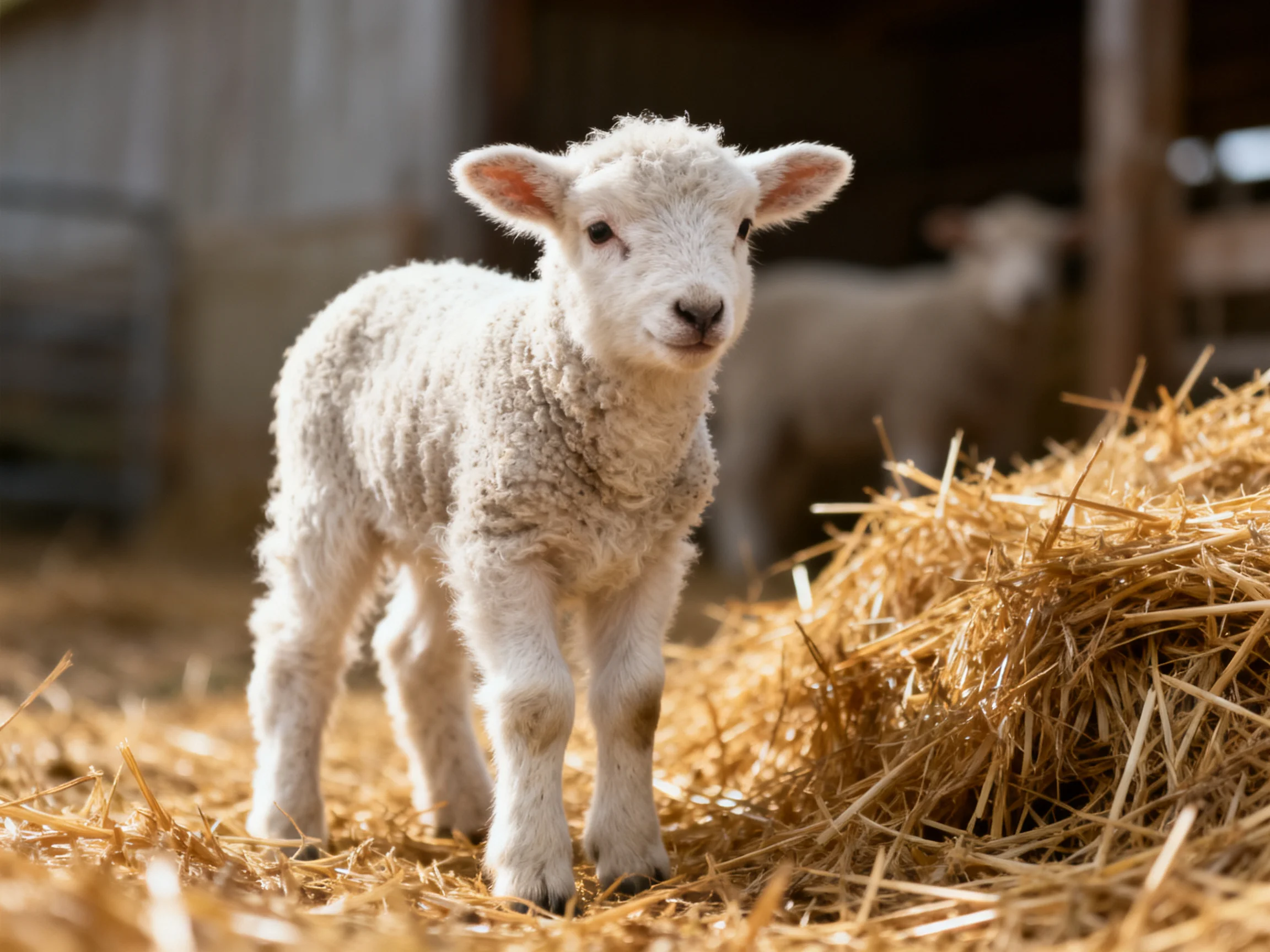 A young sheep stands among hay in a barn.