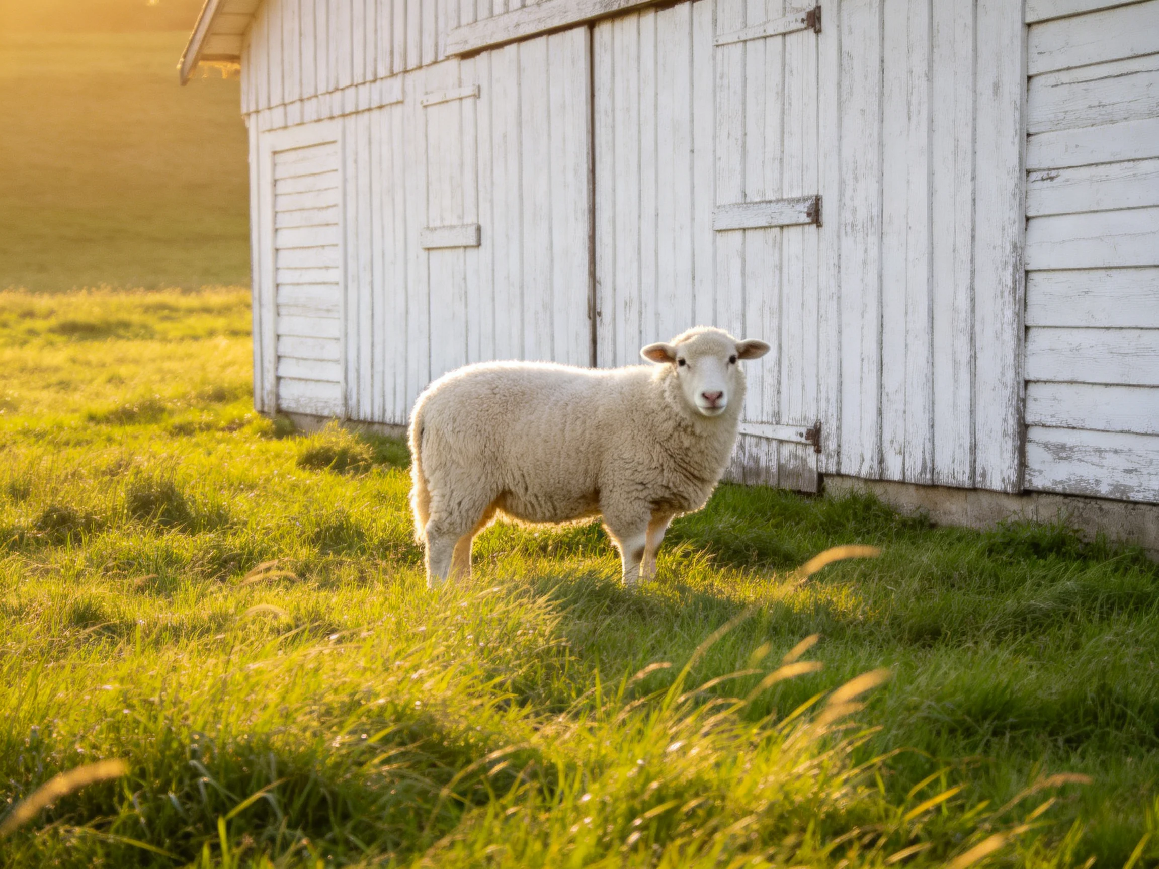 A fluffy white lamb stands next to an aged wooden barn in a sunlit pasture.