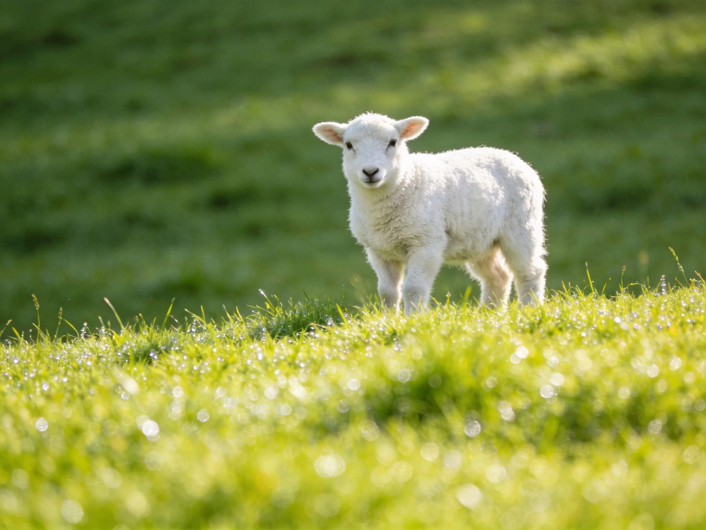 A fluffy white lamb stands on a dewy green hillside