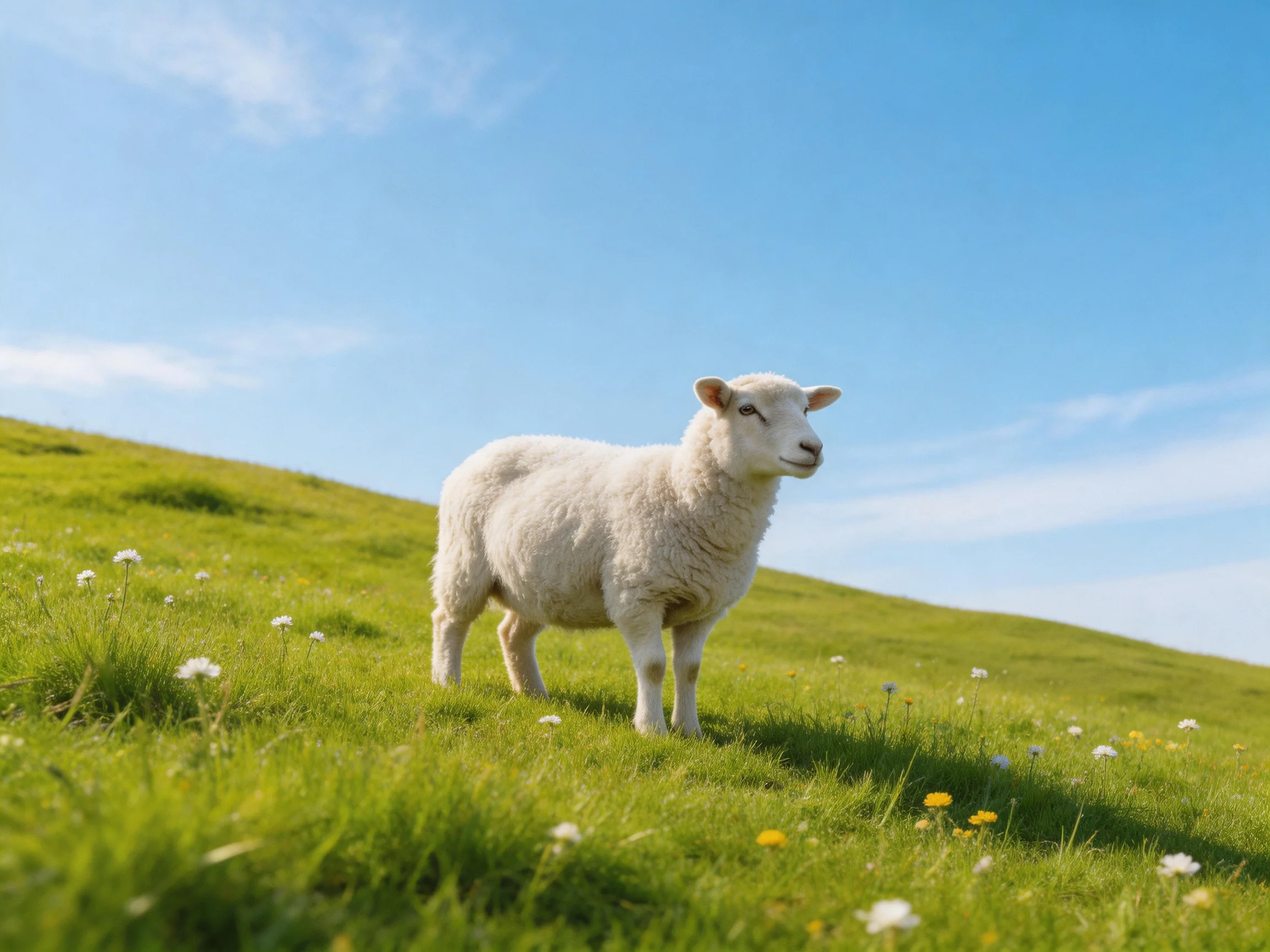 A fluffy white lamb stands on a lush green hillside under bright blue sky