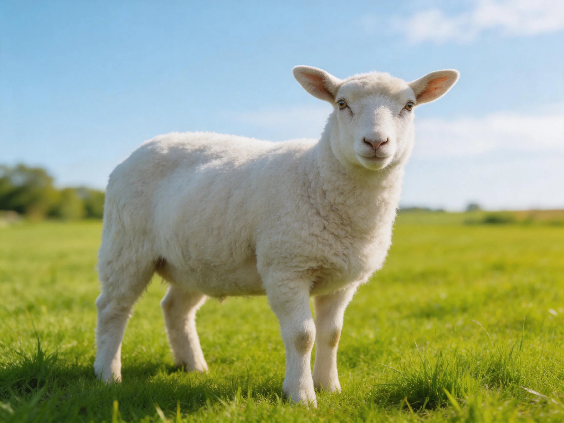 A fluffy white lamb stands on a lush green meadow