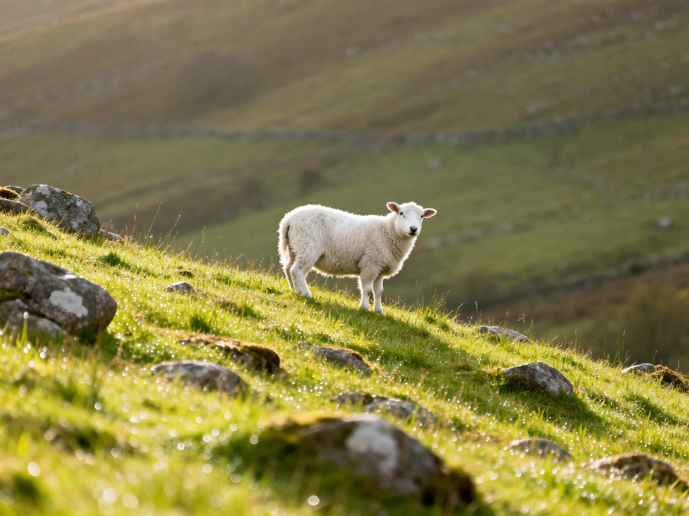 A fluffy white lamb stands on a rocky green hillside