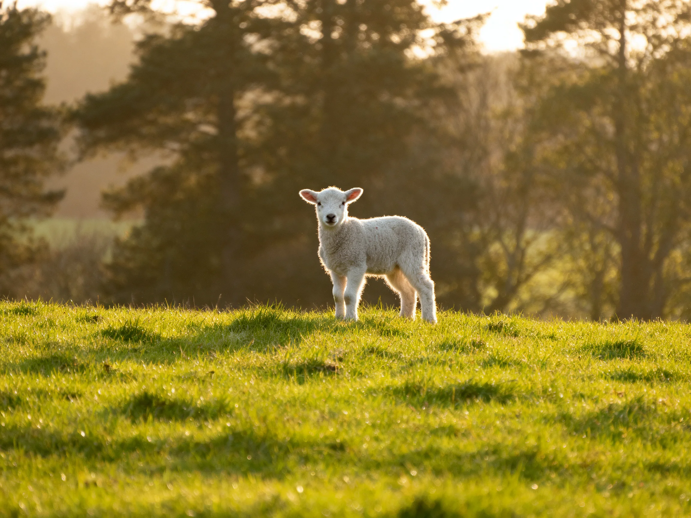 A fluffy white lamb stands on a sun-drenched green pasture with forested backdrop