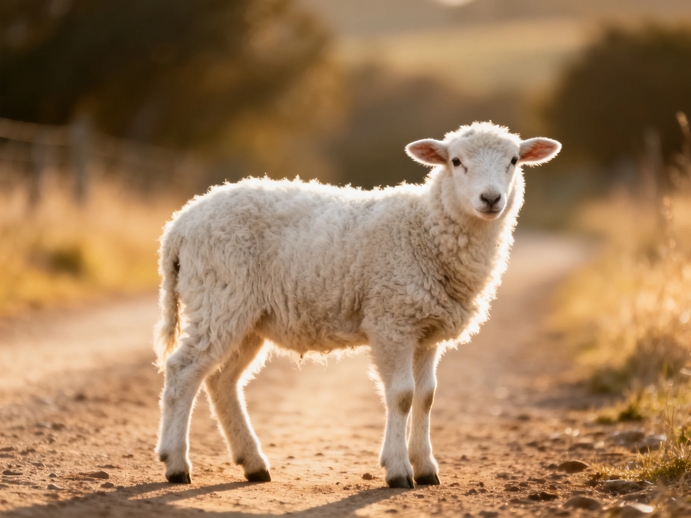 A fluffy white lamb stands on a sunlit dirt path