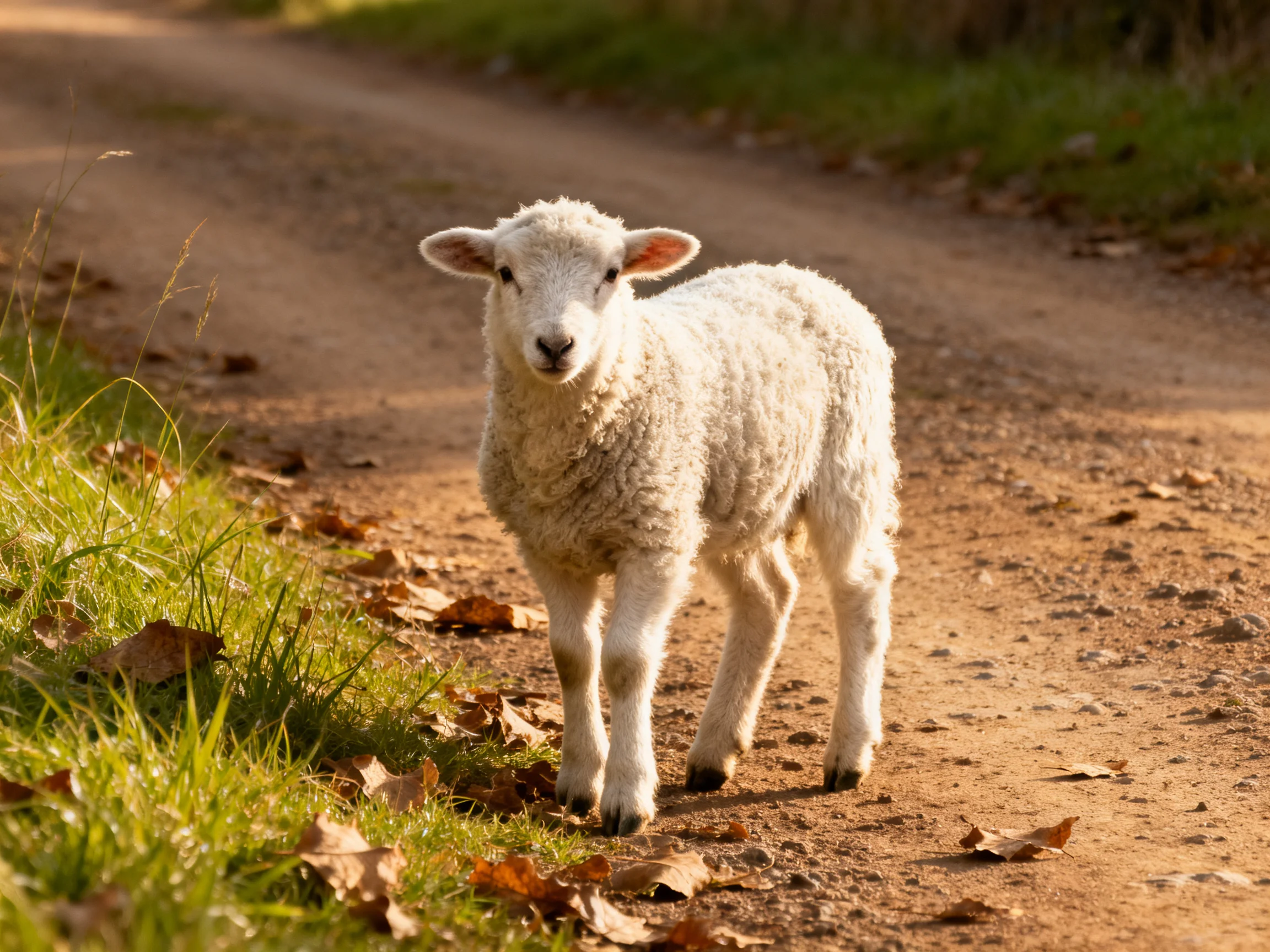 A fluffy white lamb stands on a sunlit dirt path near greenery