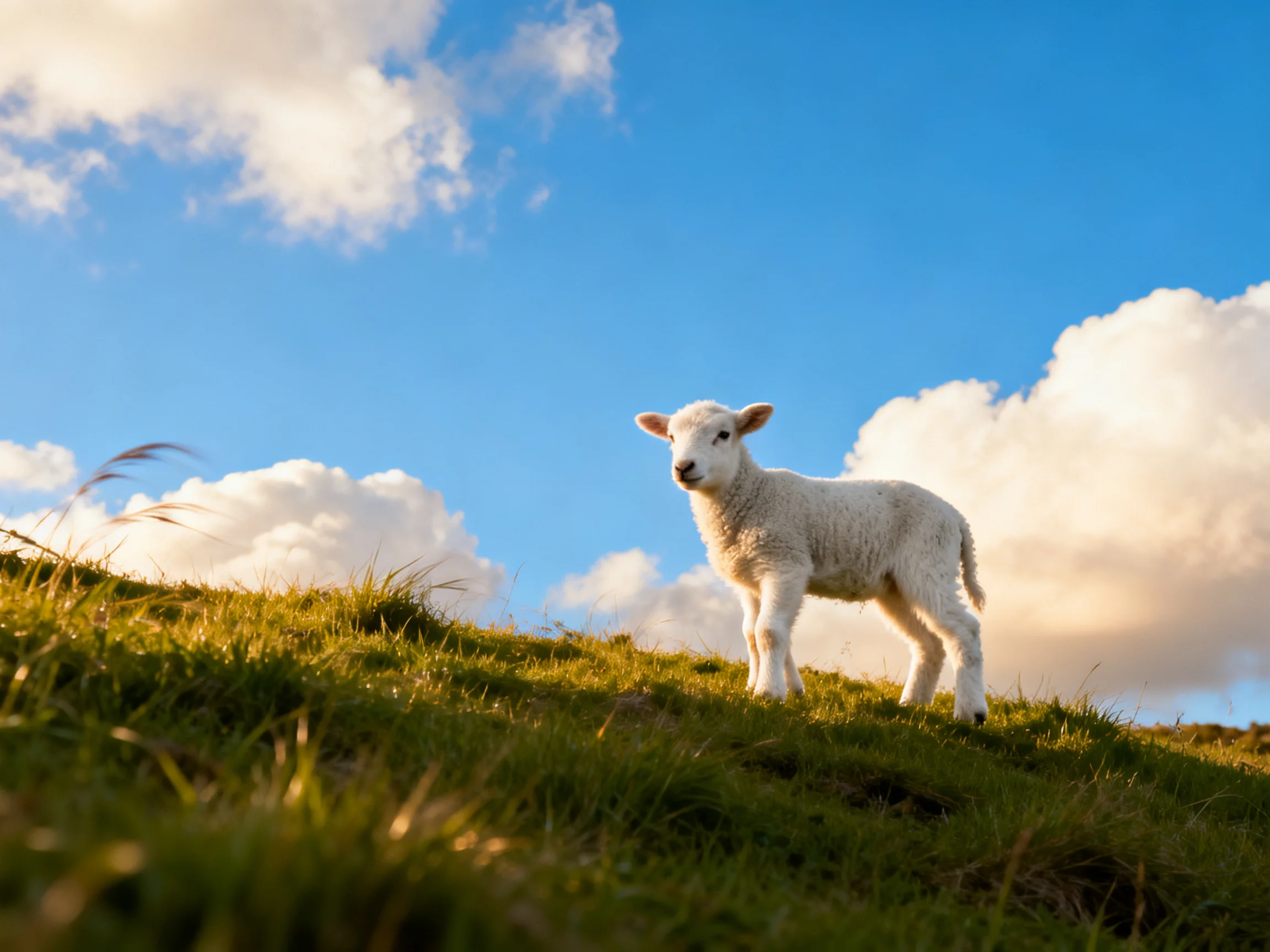 A fluffy white lamb stands on a sunlit grassy hill