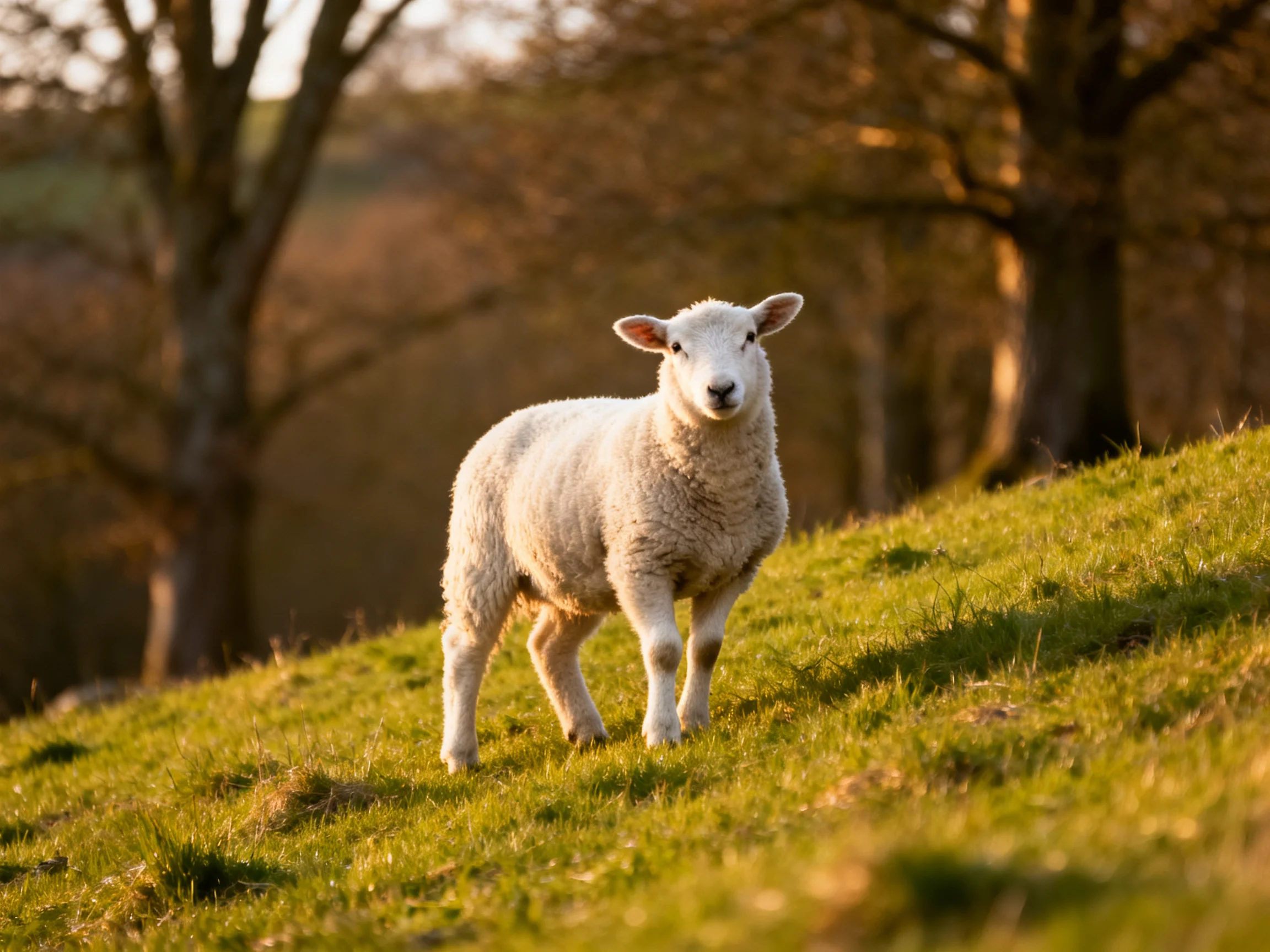 A fluffy white lamb stands on a sunlit green hillside near trees