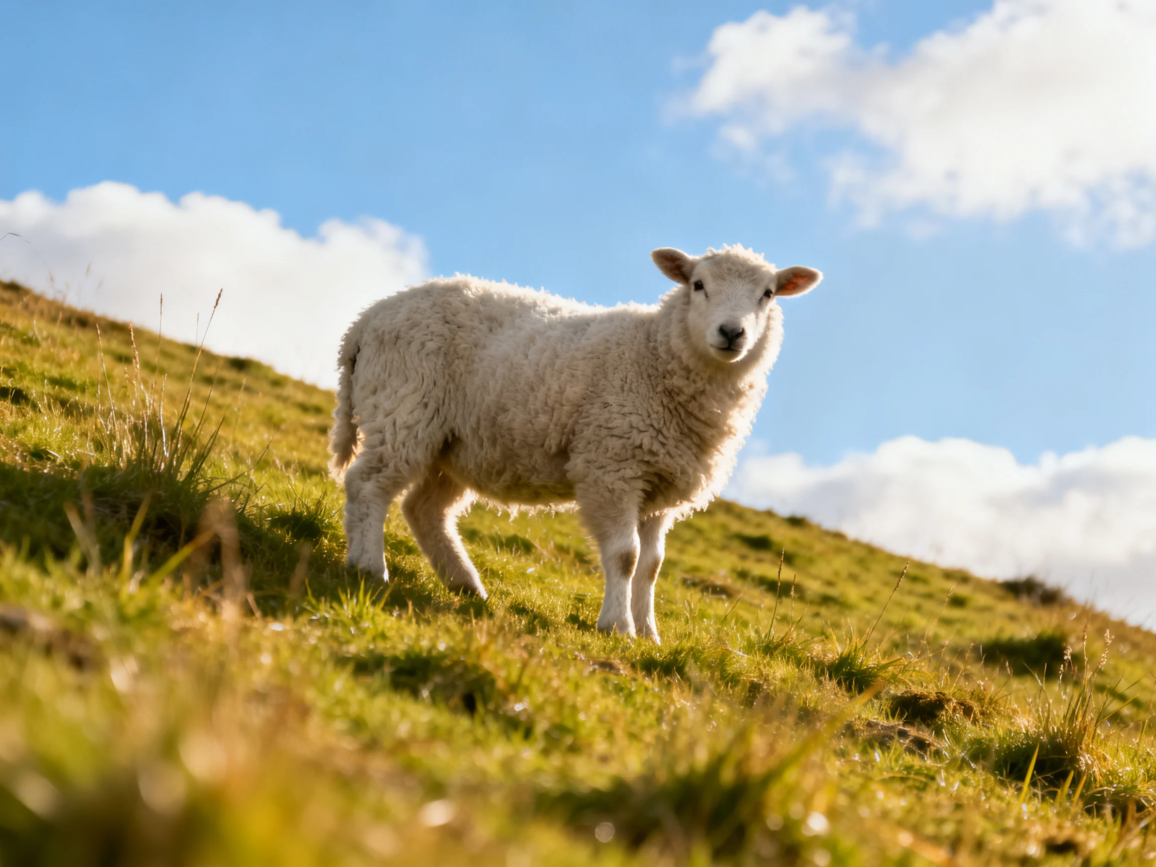 A fluffy white lamb stands on a sunlit green hillside