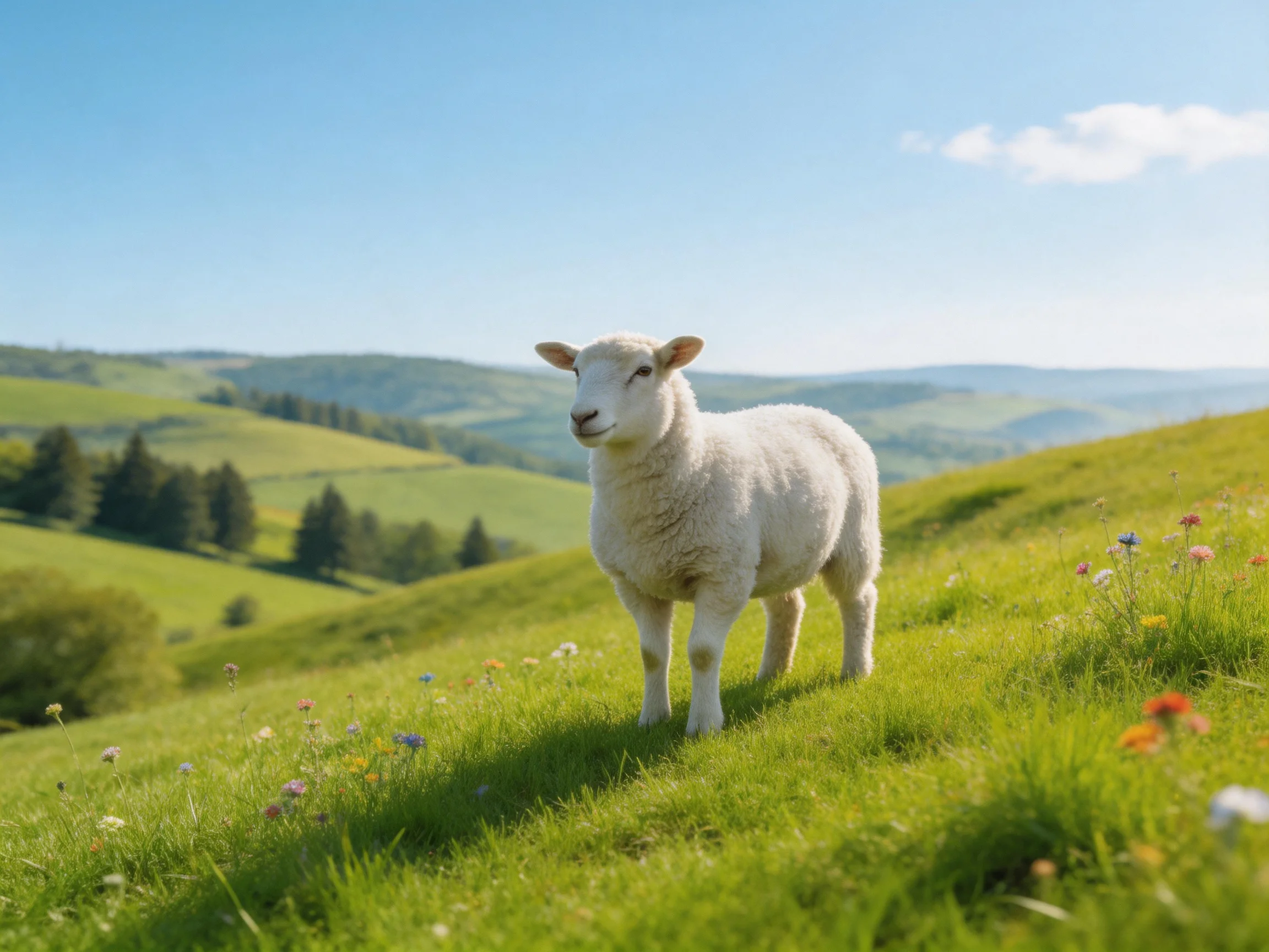 A fluffy white lamb stands on a verdant hillside with wildflowers