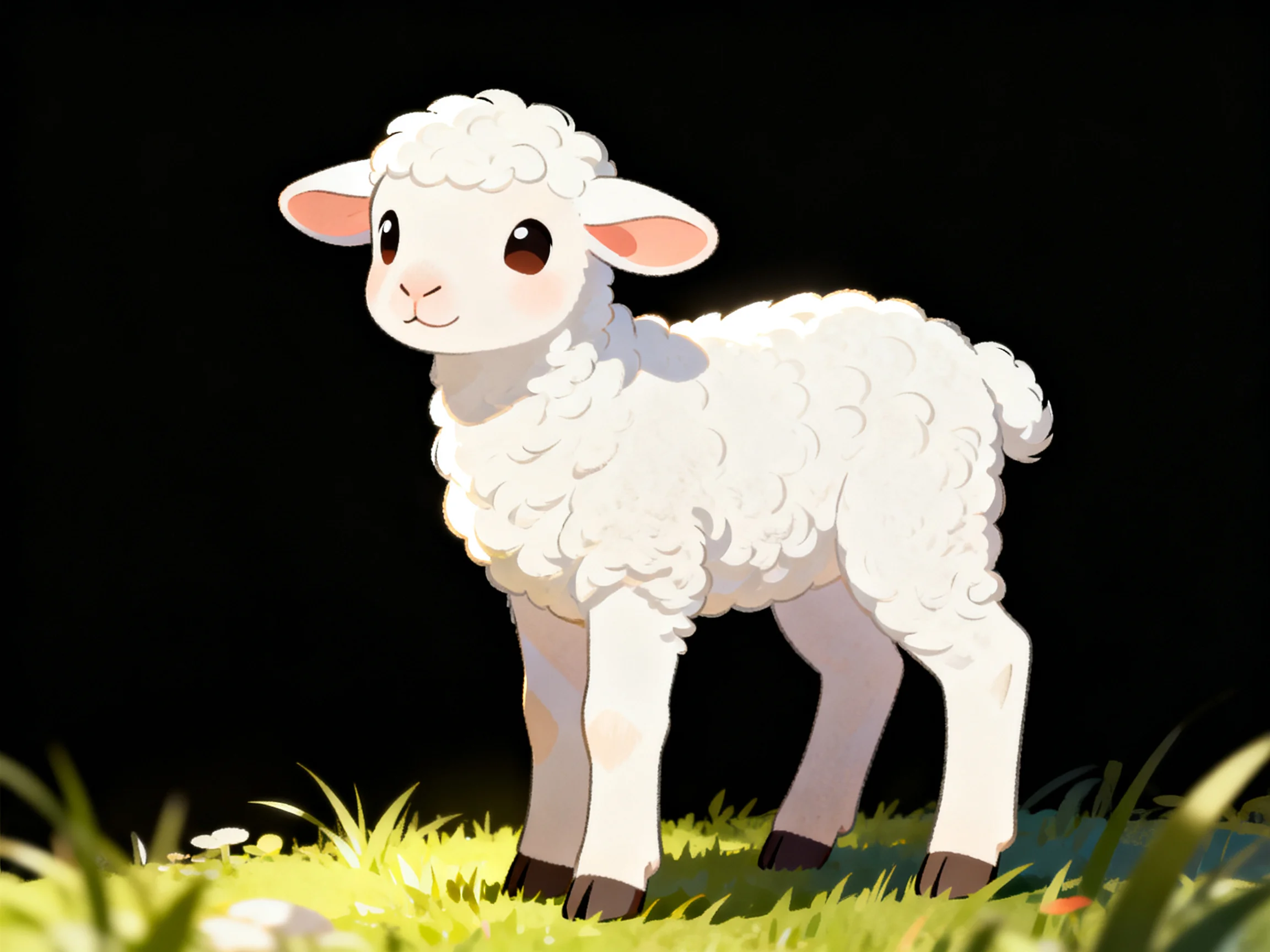 A fluffy white lamb stands on bright green grass against a dark backdrop