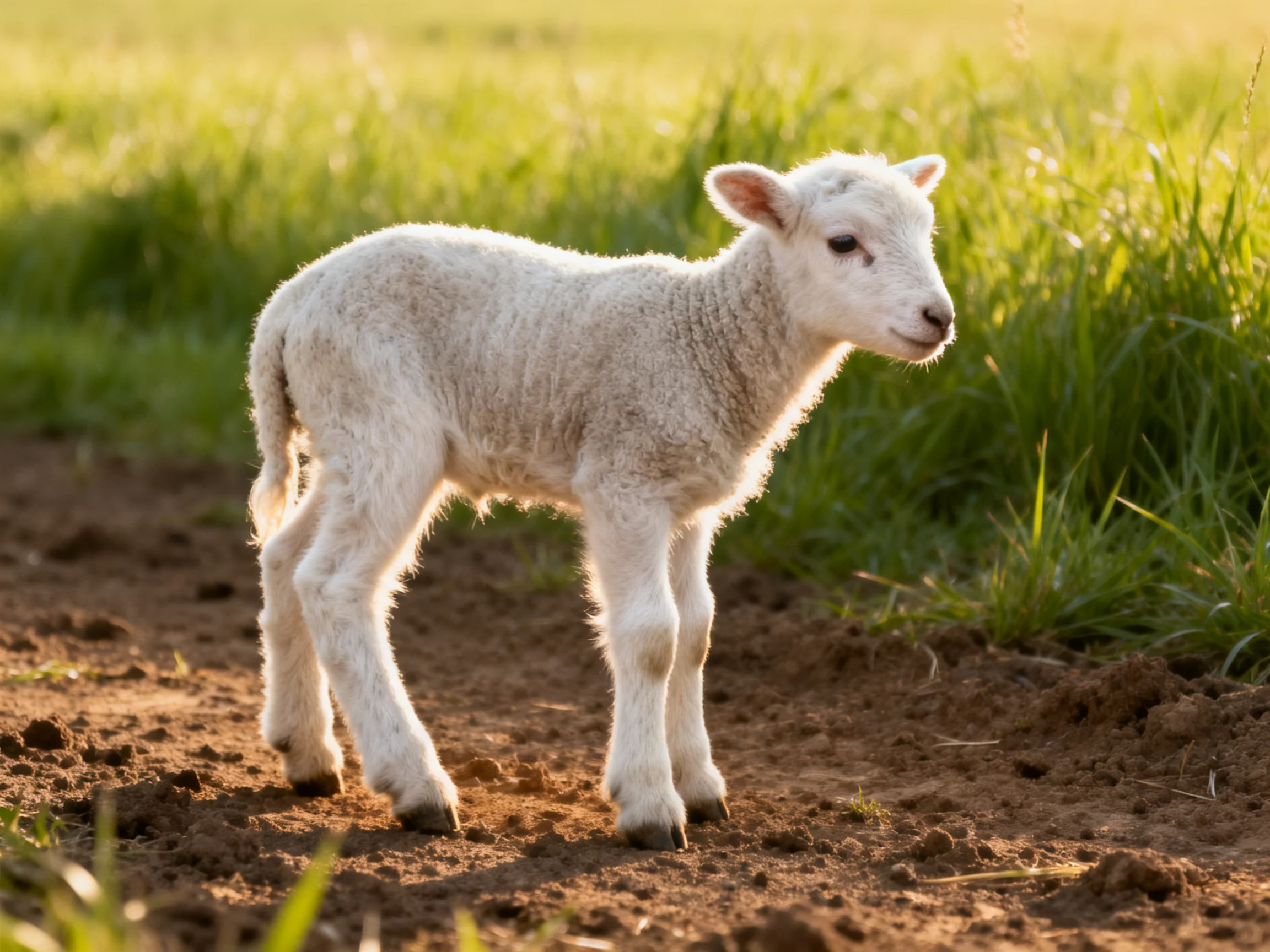 A young white lamb stands on brown dirt near green grass.