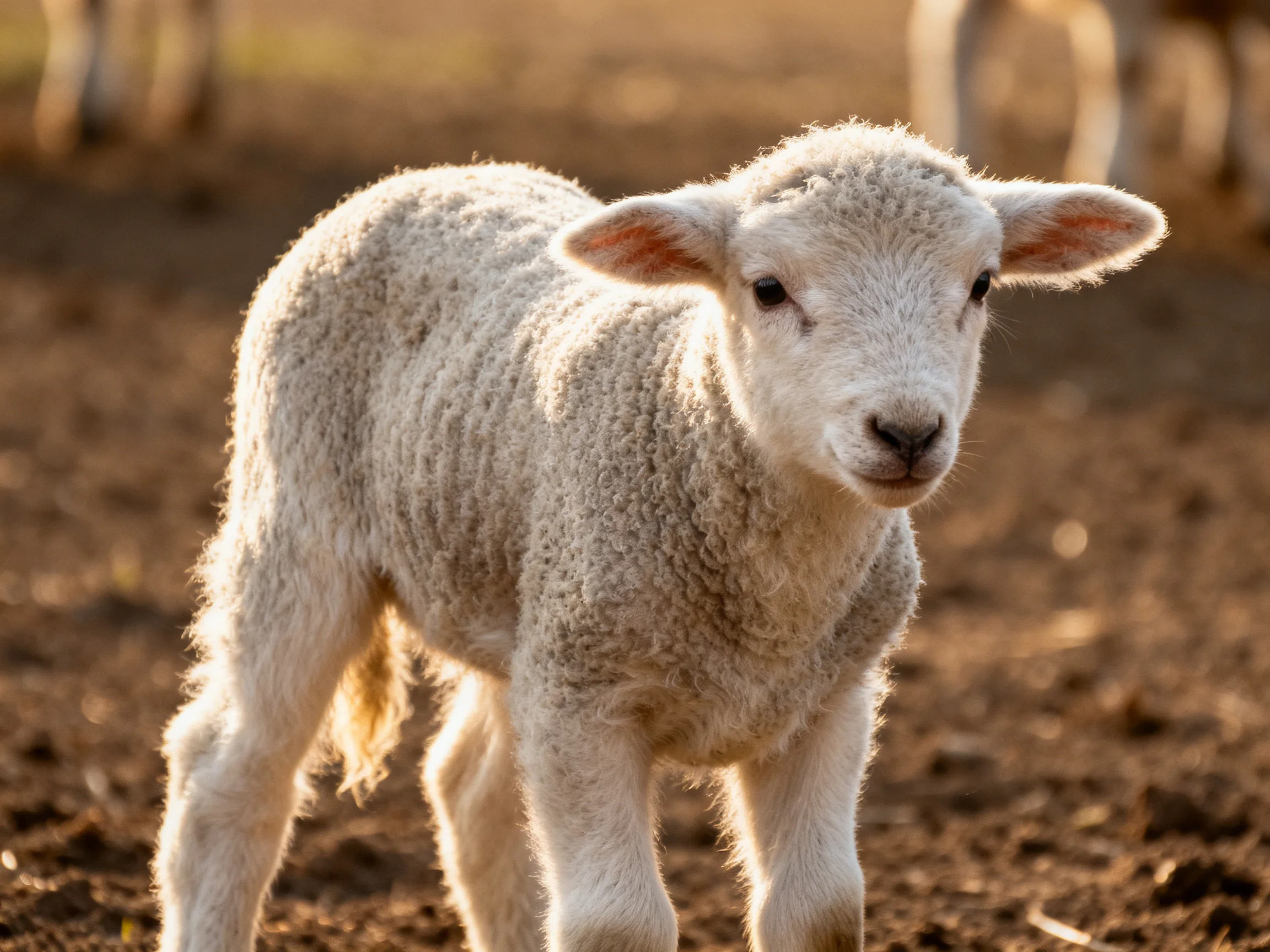 A young sheep stands on dirt ground illuminated by warm sunlight.