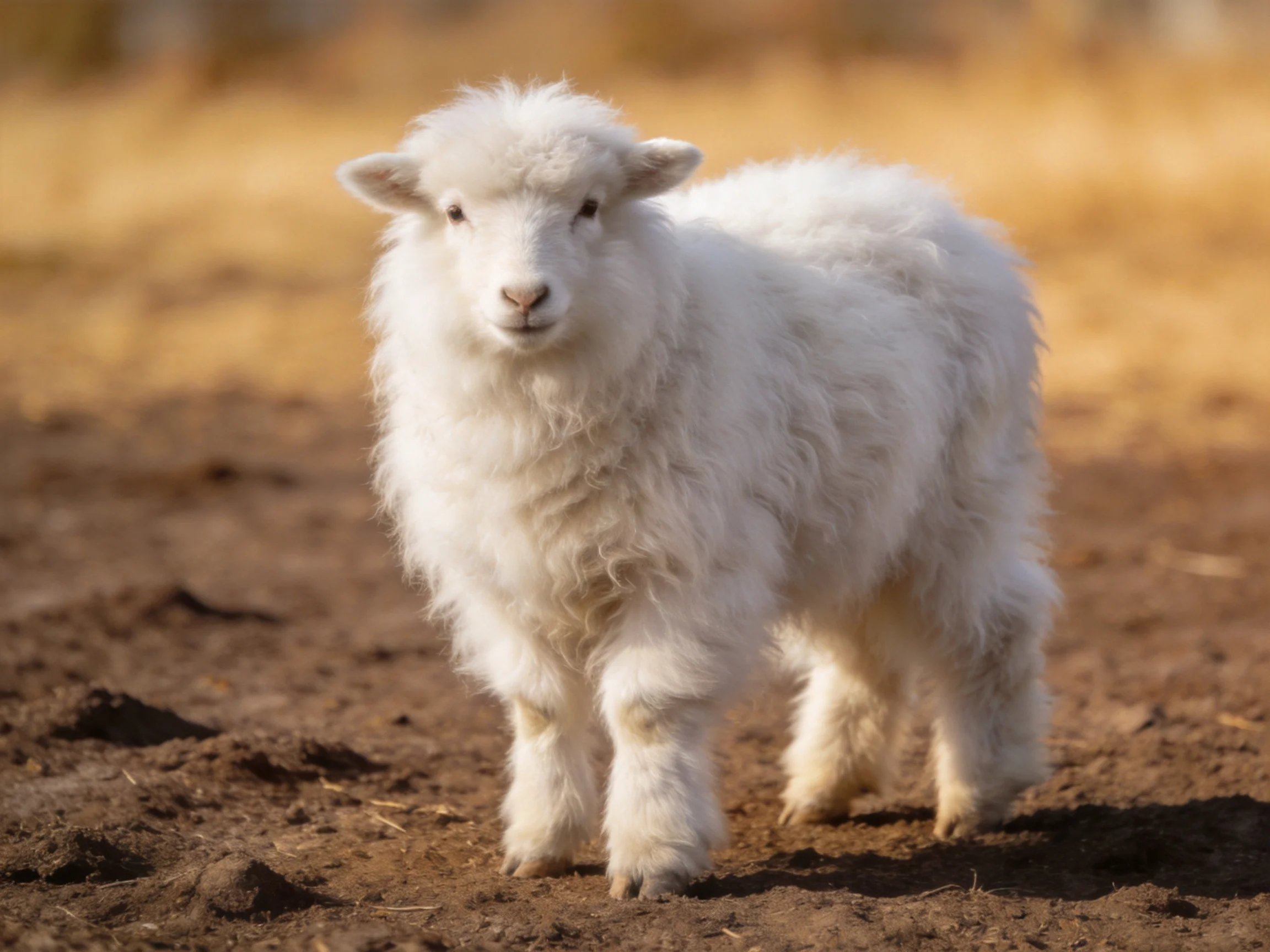 A fluffy white lamb stands on a dirt field.