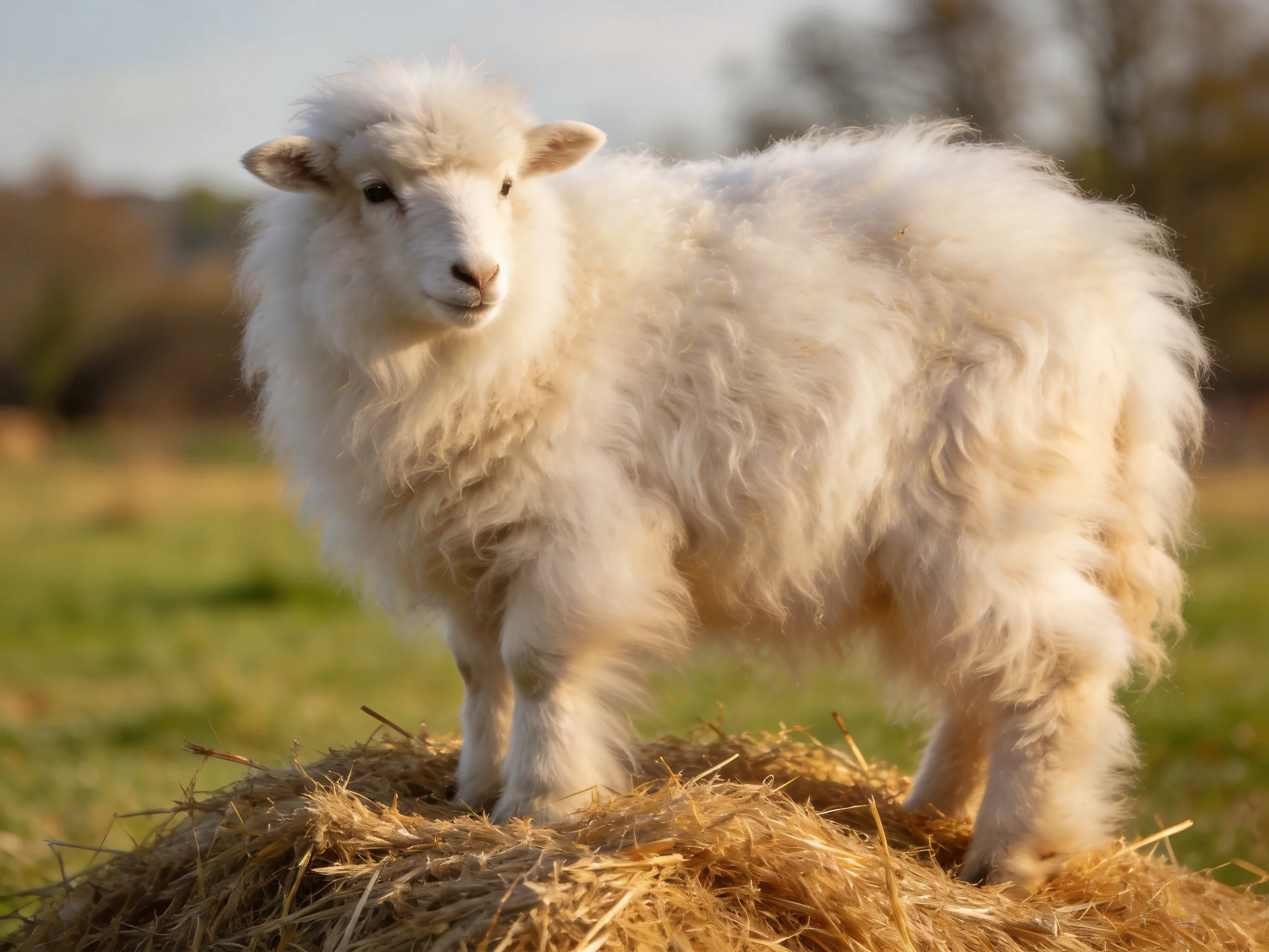 A fluffy white lamb stands on hay bales in a sunlit rural setting
