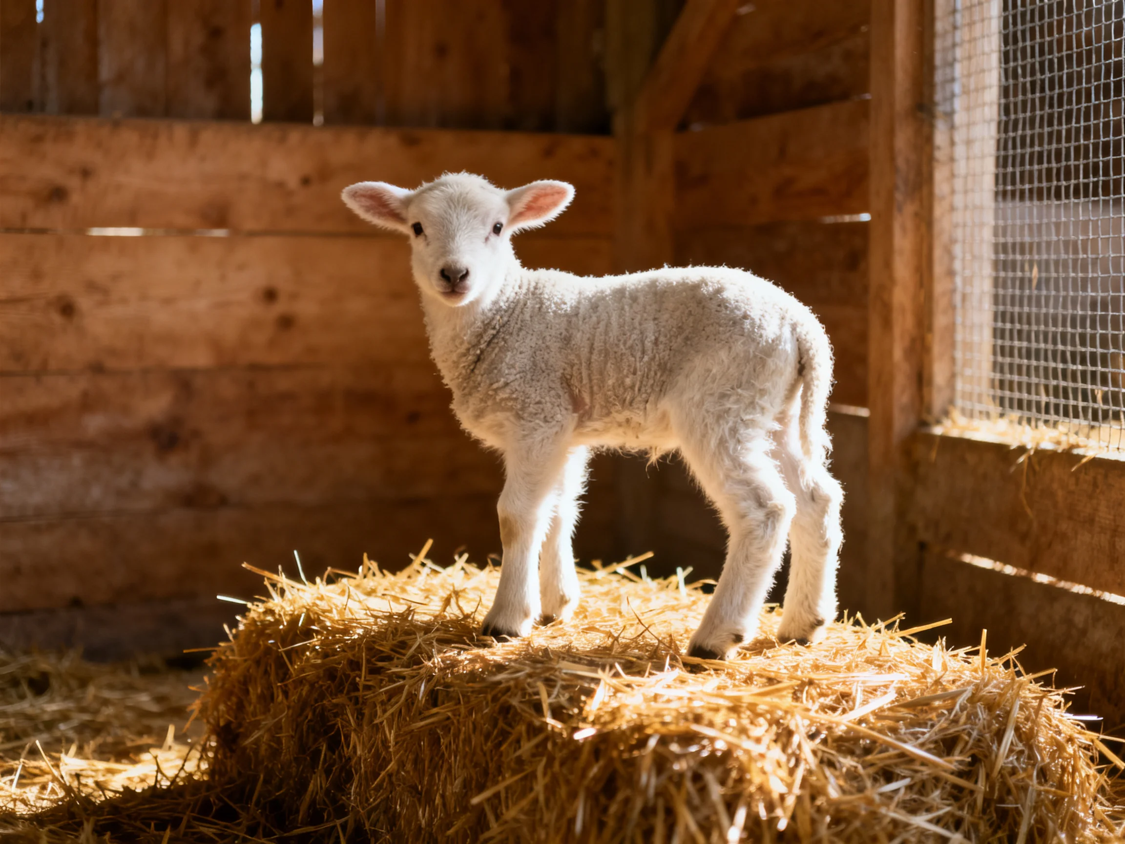 A fluffy white lamb stands on golden straw bales inside a wooden barn
