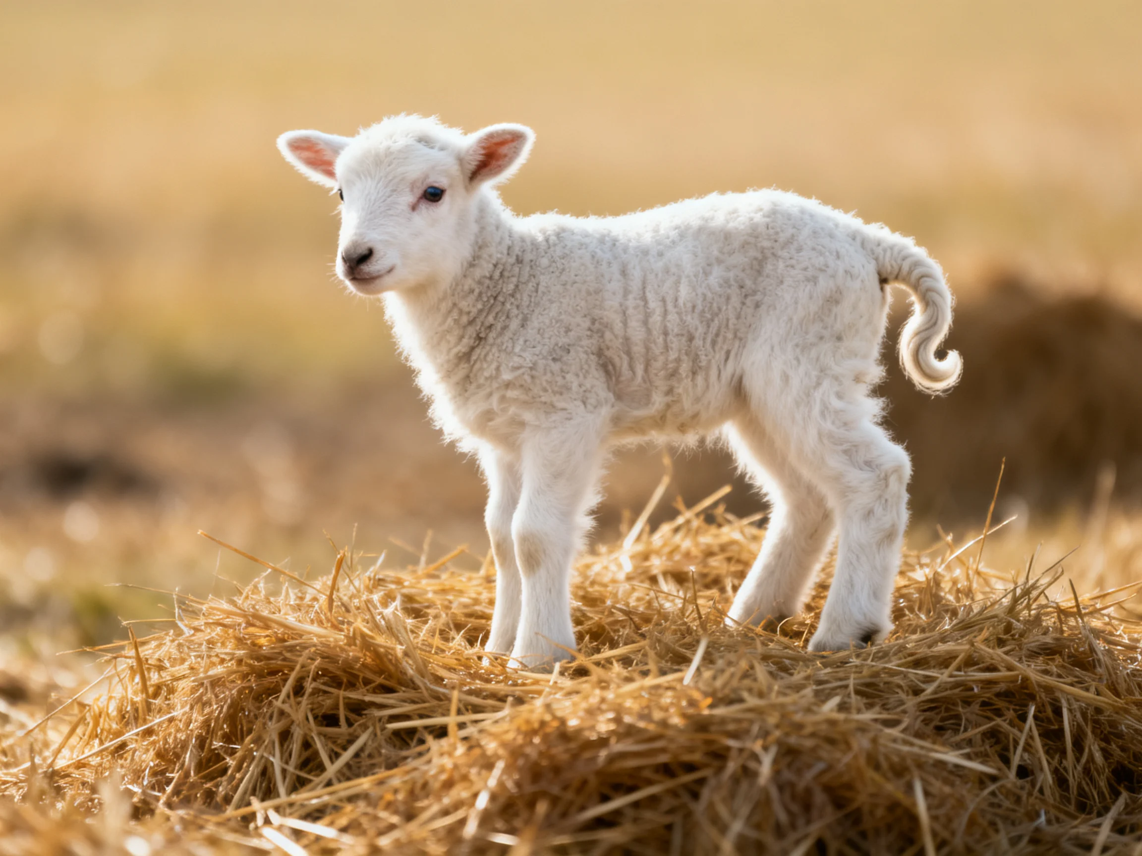 A fluffy white lamb stands on golden straw in a sunlit field