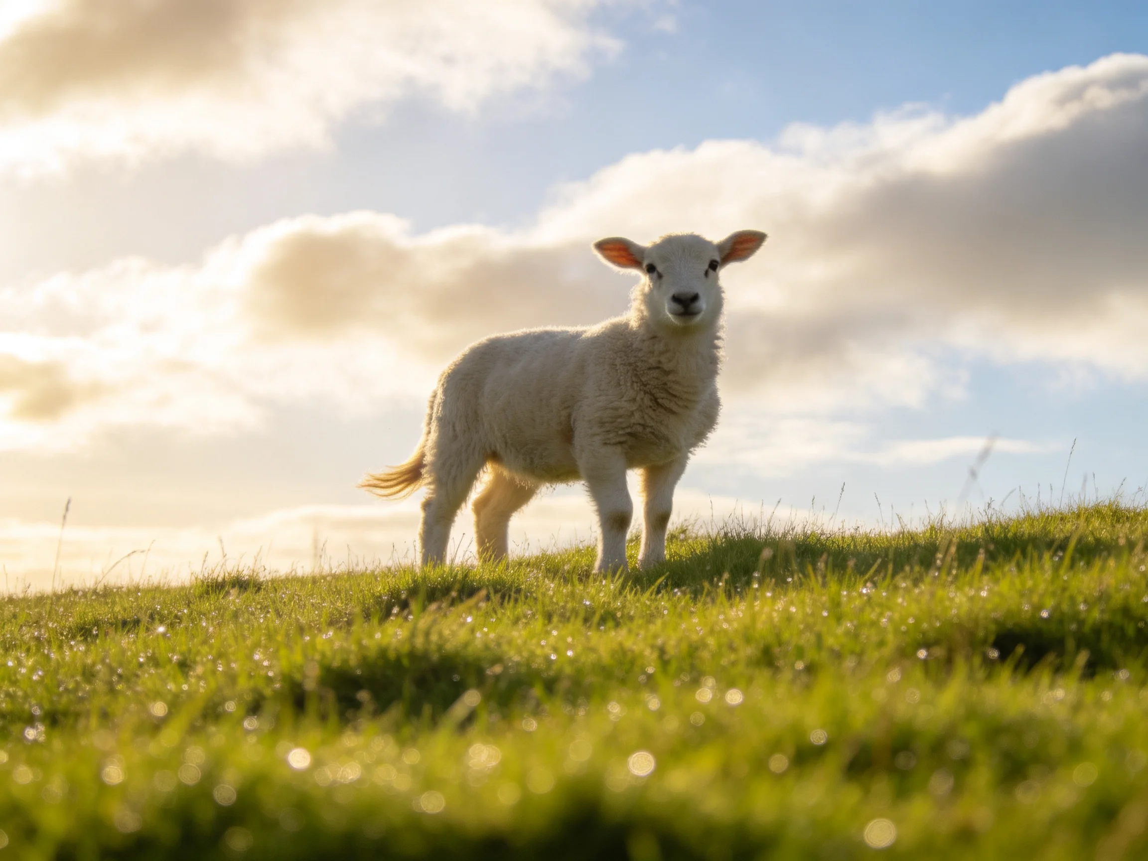 A young sheep stands on a grassy hill under a partly cloudy sky.