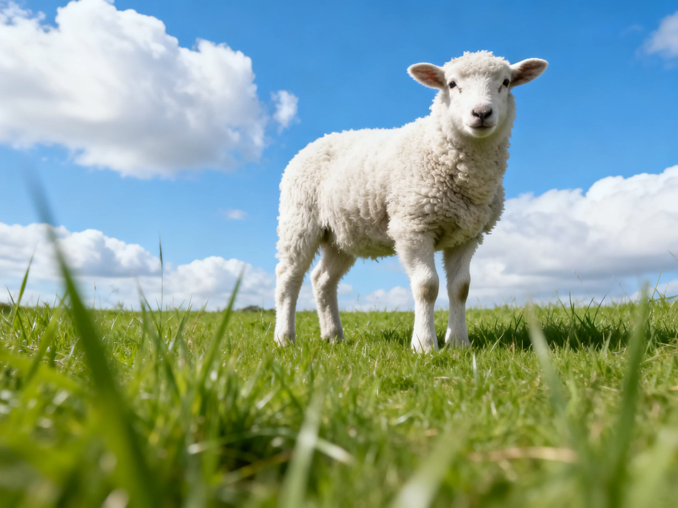 A fluffy white lamb stands on green grass under a bright blue sky with clouds.