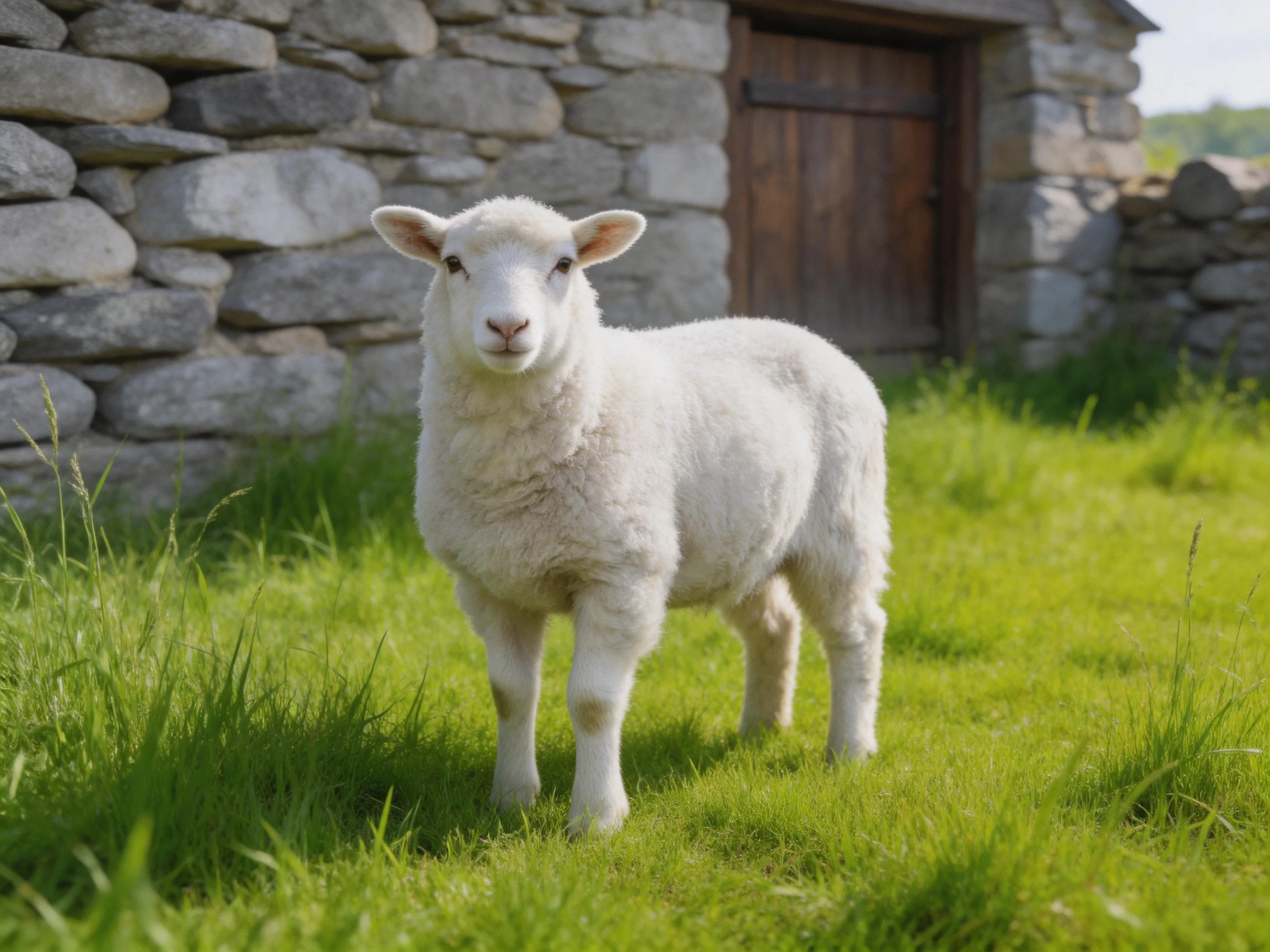 A white lamb stands on green grass beside a stone structure.