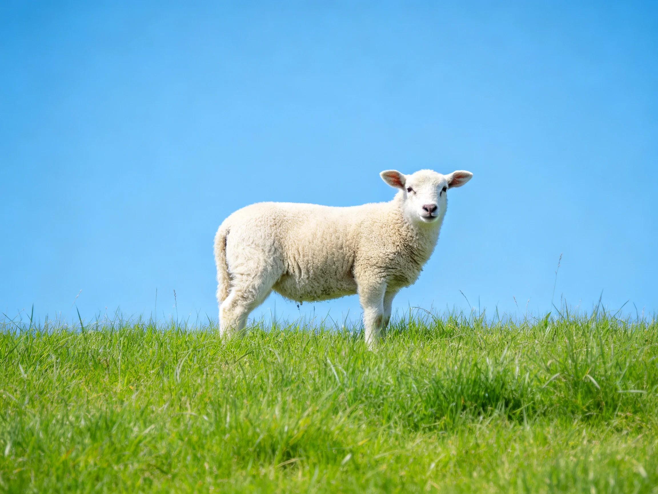 A fluffy white lamb stands on lush green grass under a clear blue sky