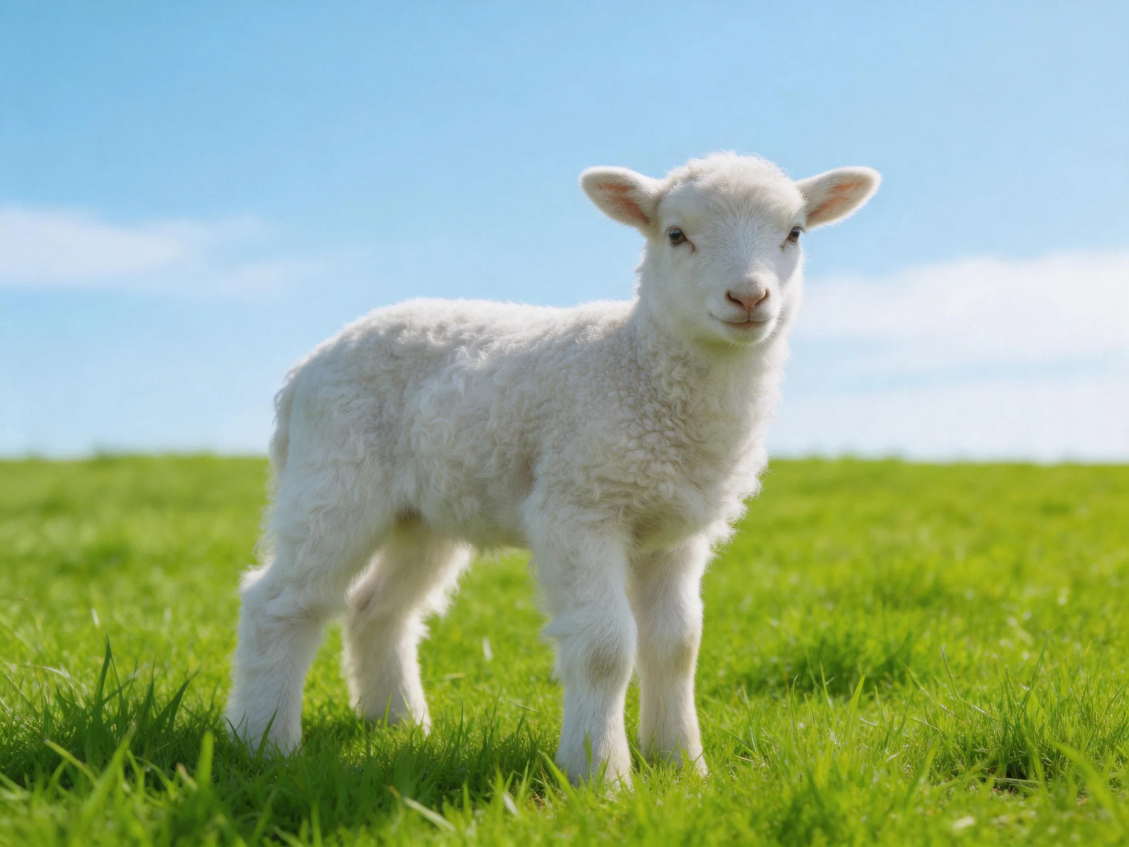 A small white lamb stands in a sunny field of green grass.