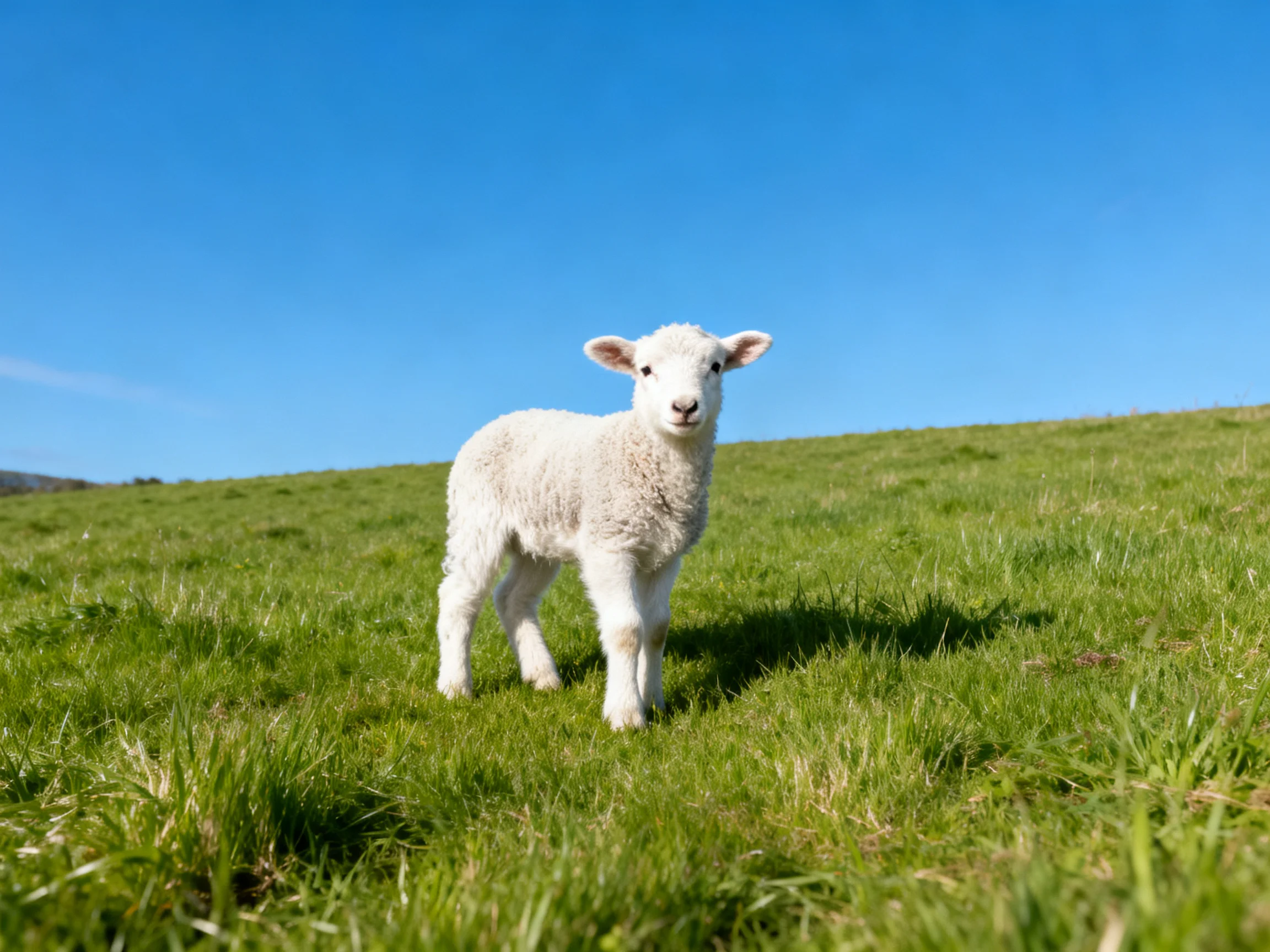 A small white lamb stands alone on a grassy hill beneath a bright blue sky