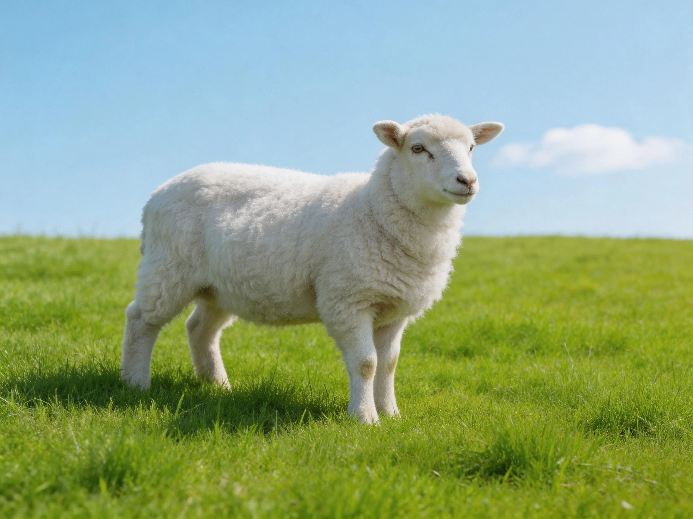 A white lamb stands on green grass in a sunny open field.