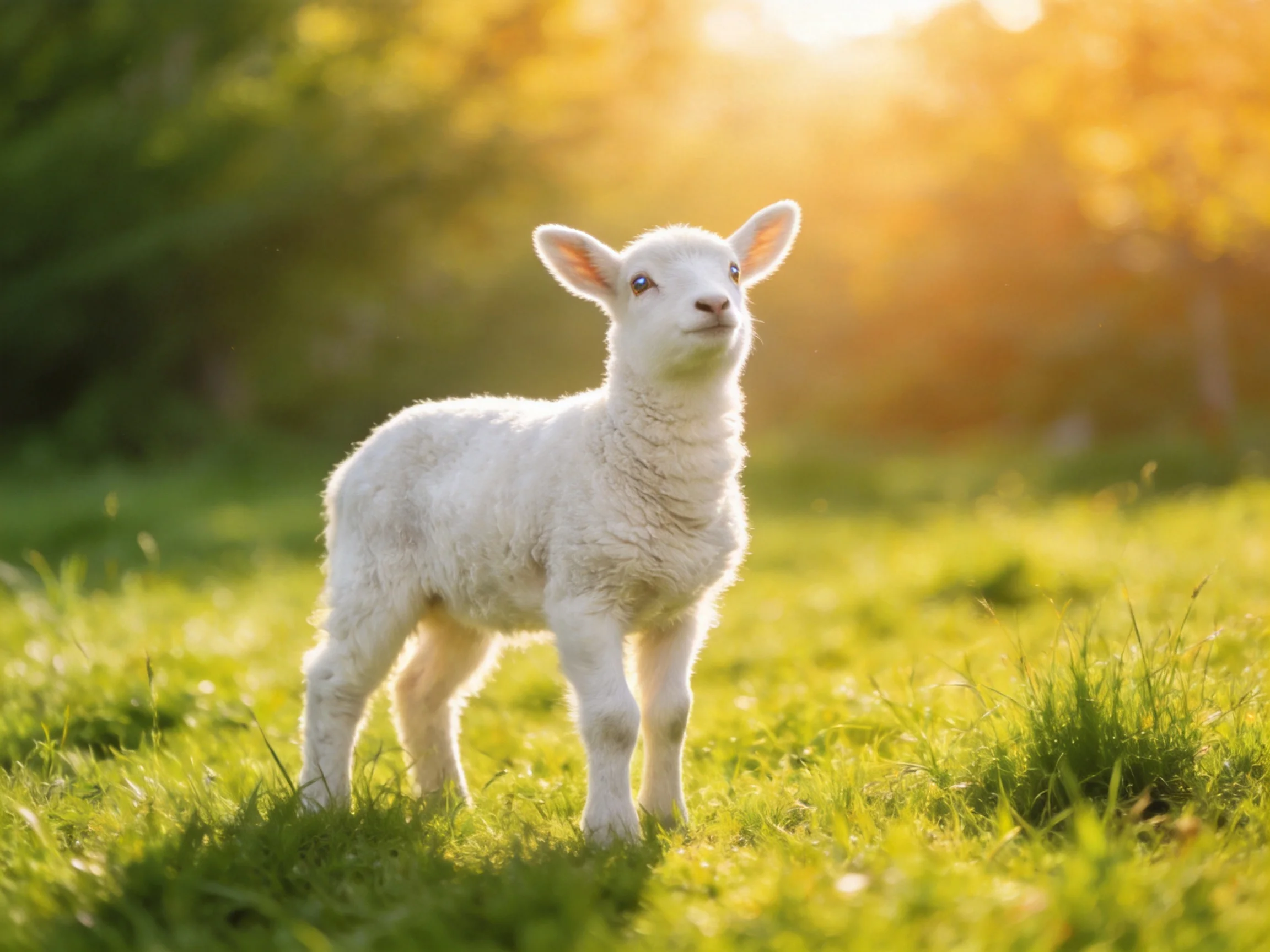 A young white lamb stands on vibrant green grass illuminated by warm sunlight.