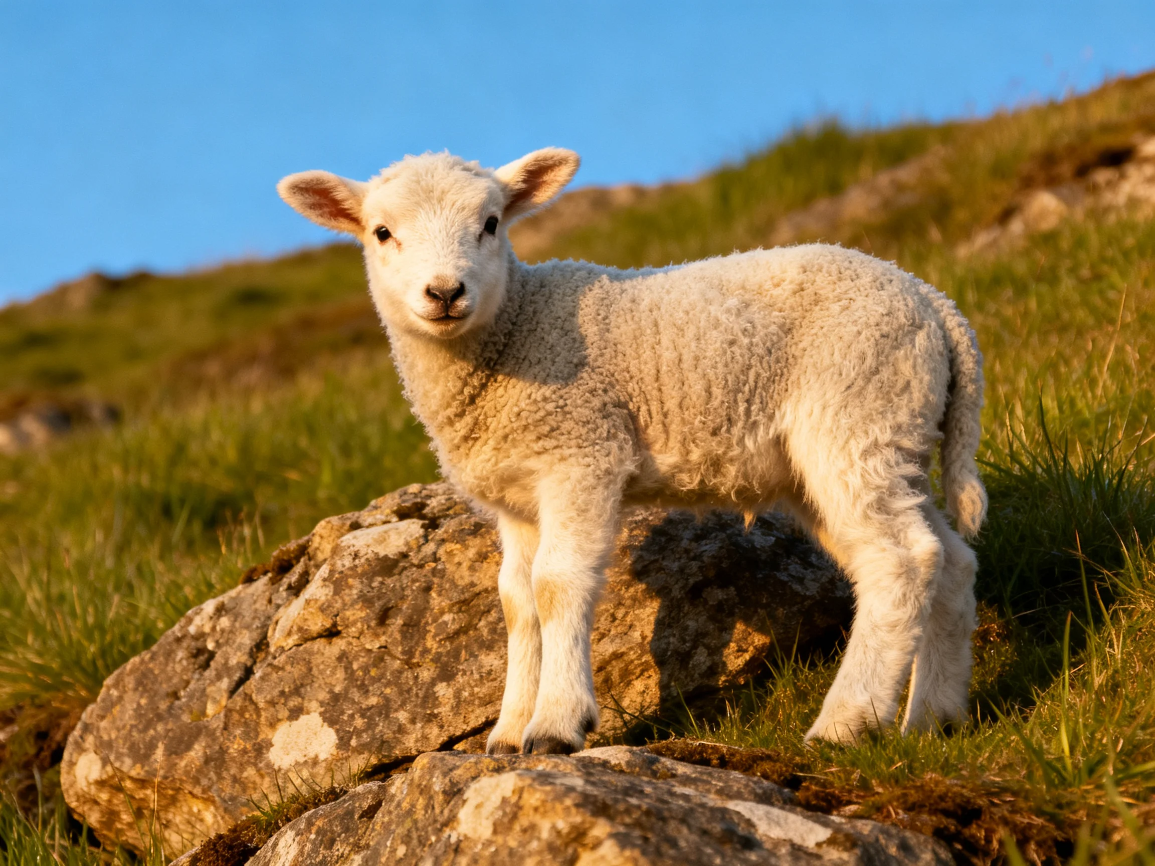 A fluffy white lamb stands on mossy rocks amid green hills