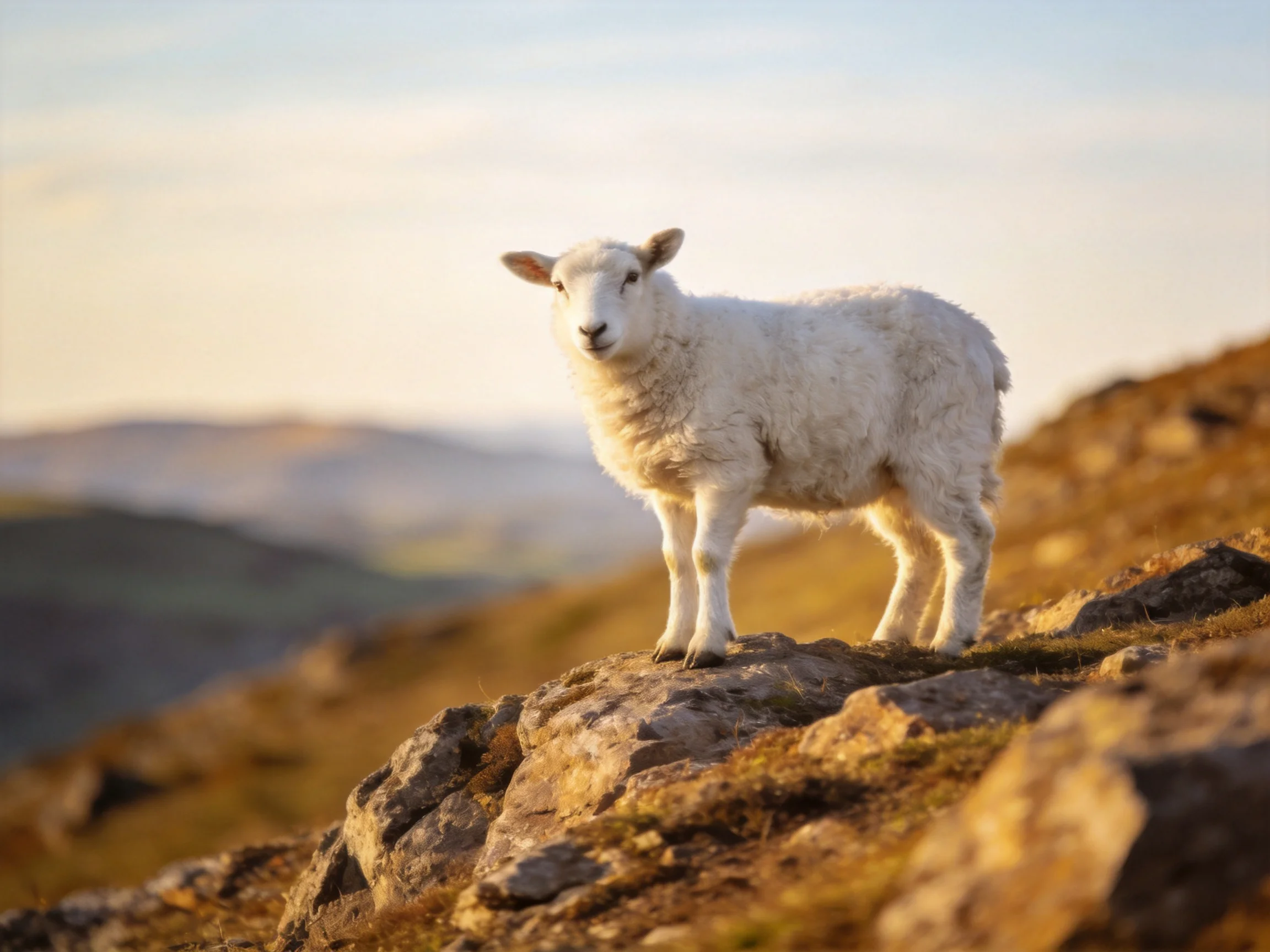 A fluffy white lamb stands on rocky terrain amid golden hills