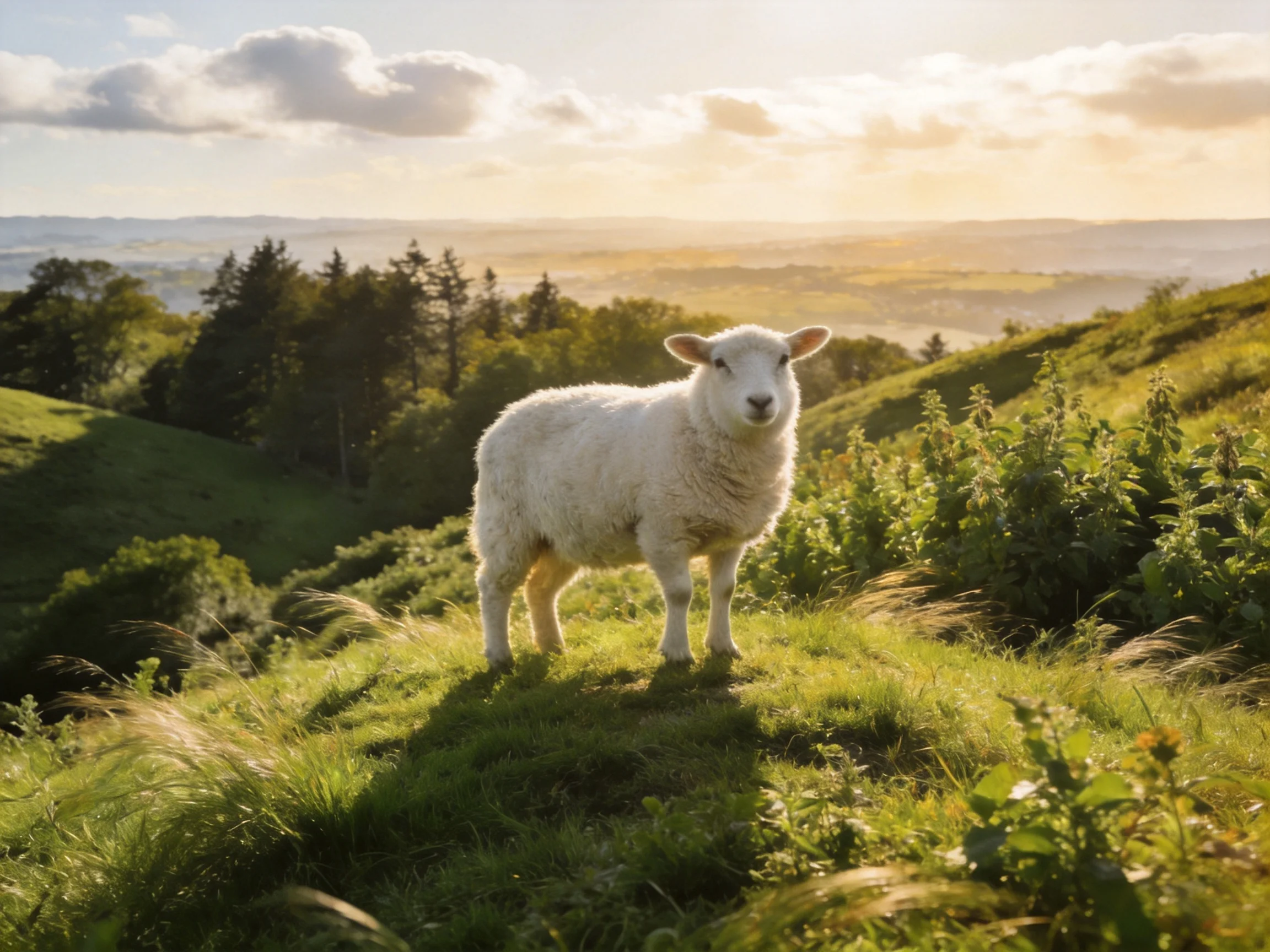 A fluffy white lamb stands on sunlit green hills