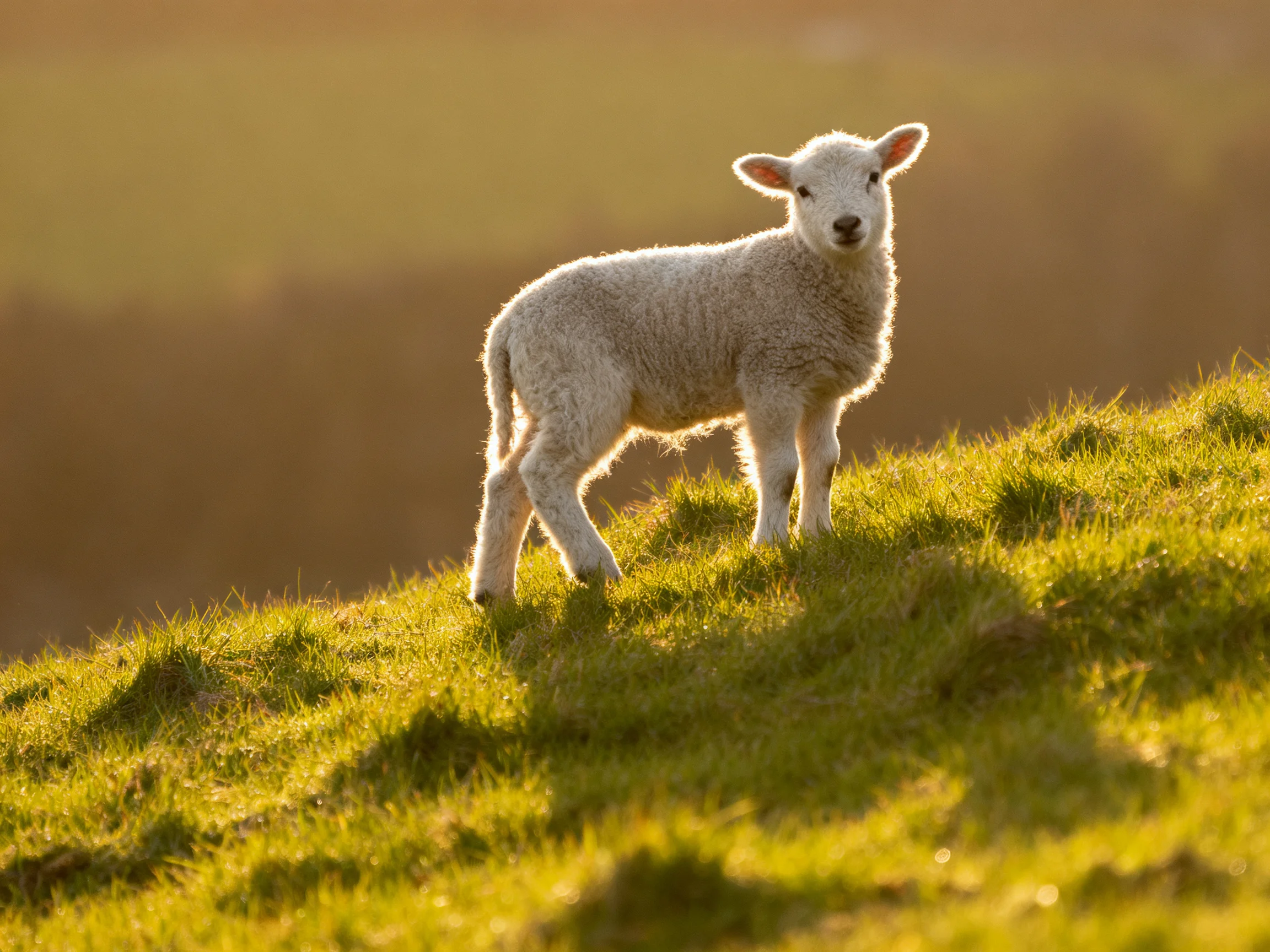A fluffy white lamb stands on sunlit green hillside
