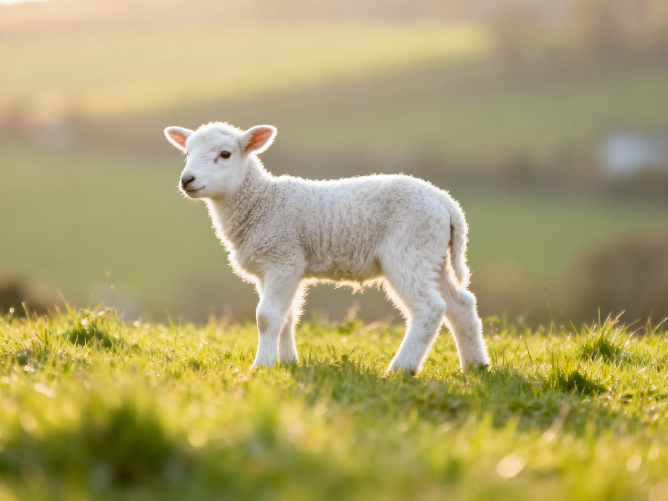 A fluffy white lamb stands on sunlit green pasture