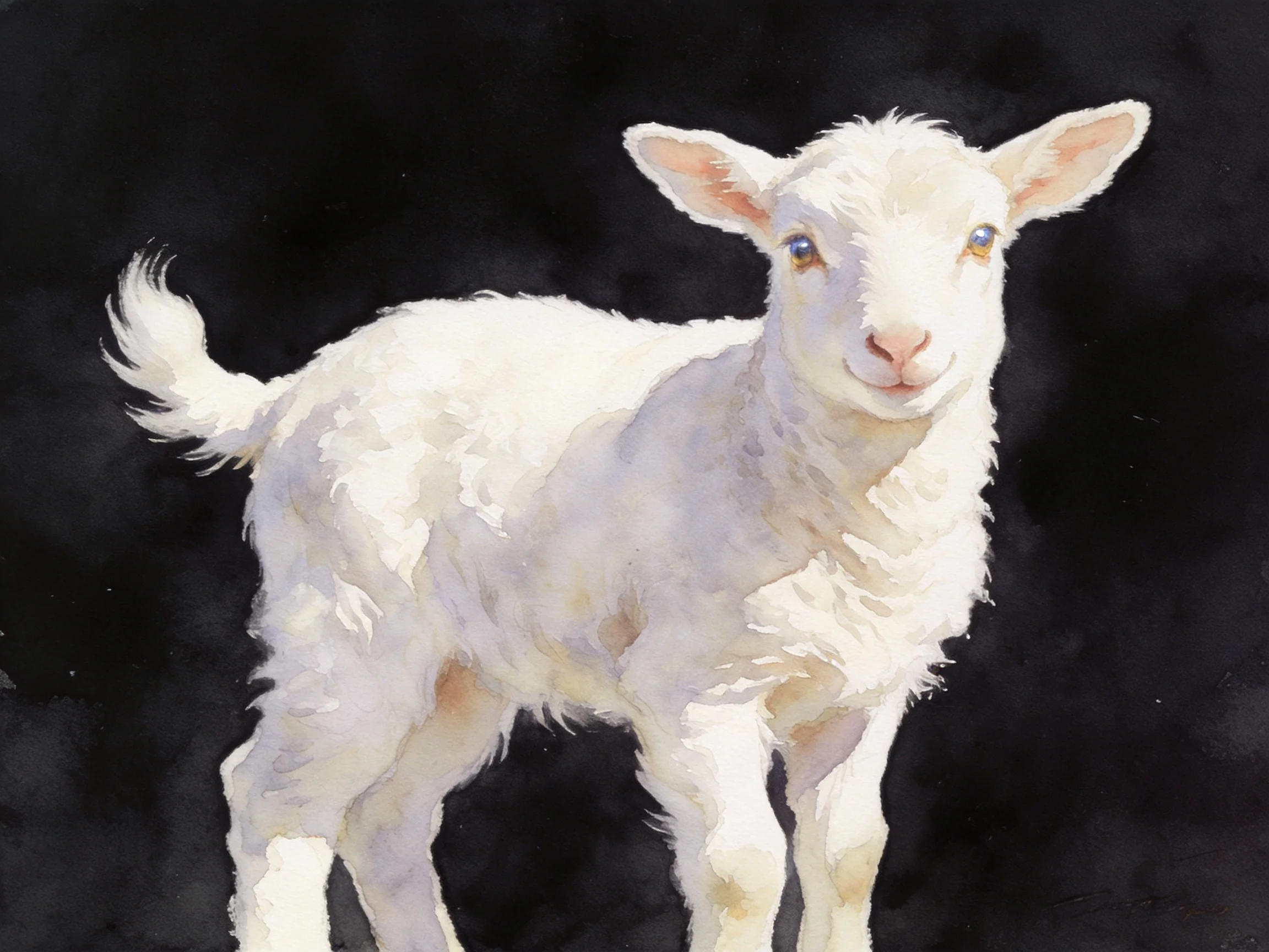 A fluffy white lamb stands out against a dark backdrop
