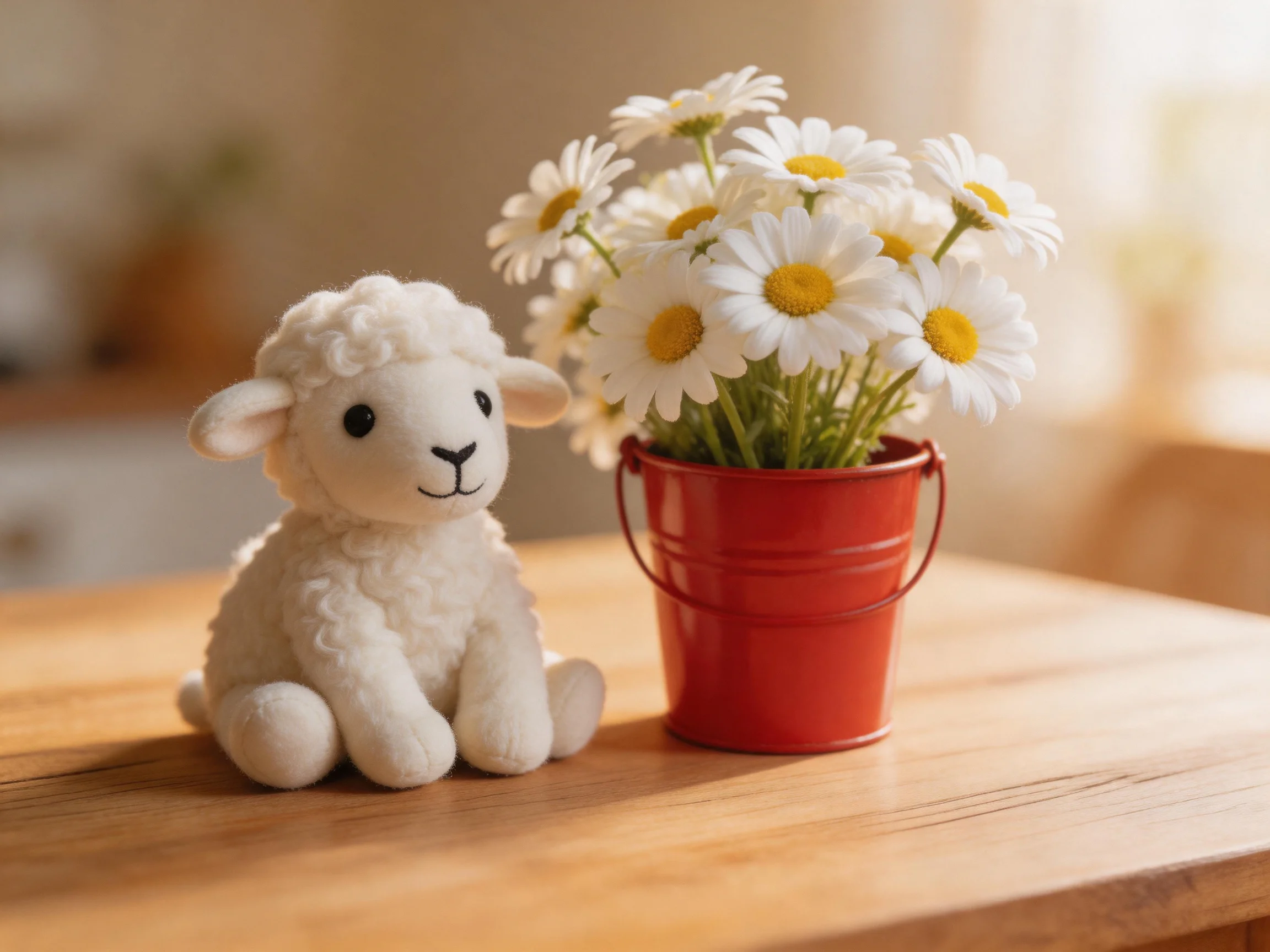 A fluffy white lamb toy sits beside a red bucket of daisies on a wooden table