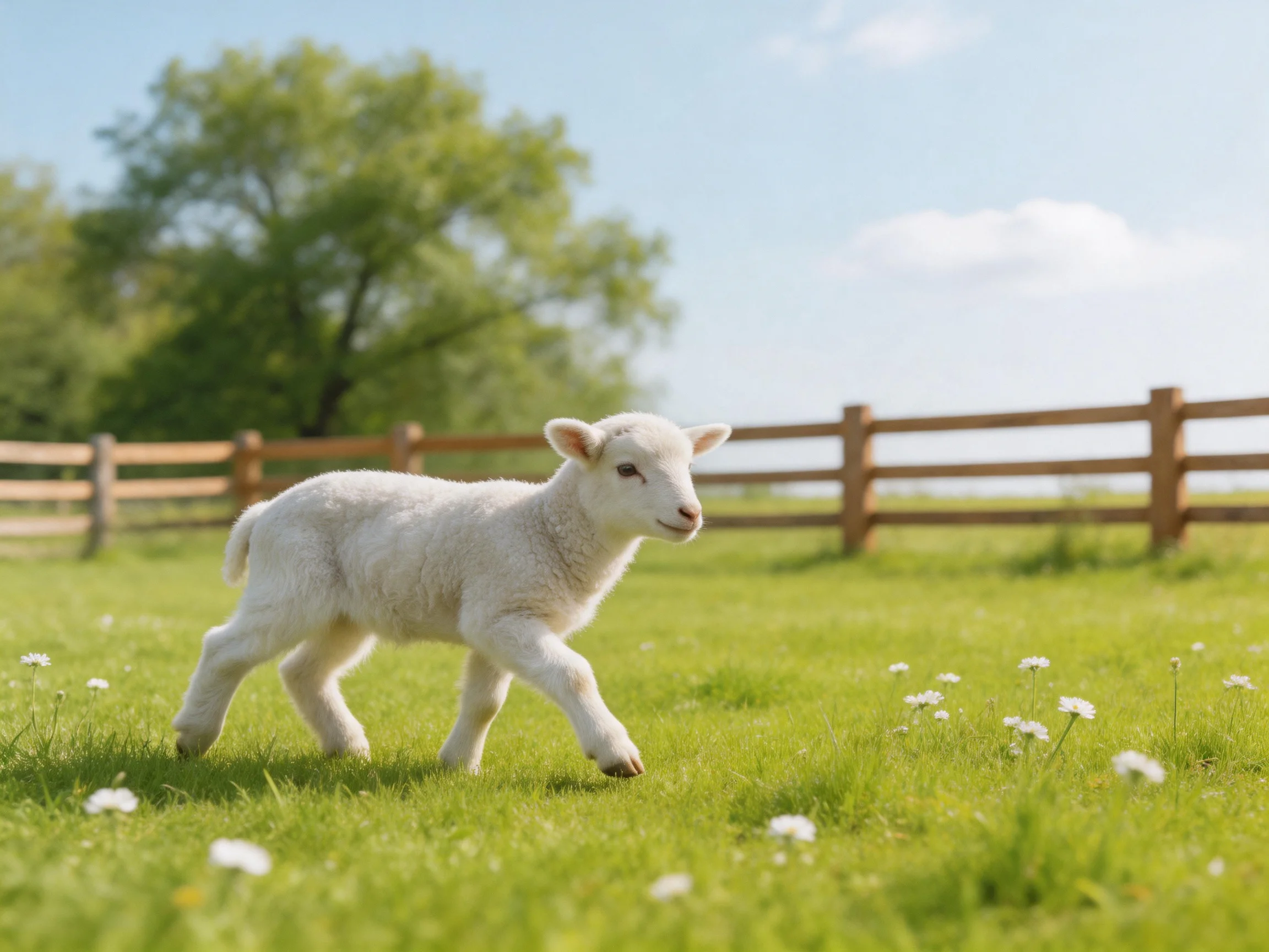 A fluffy white lamb trotting through a lush green meadow