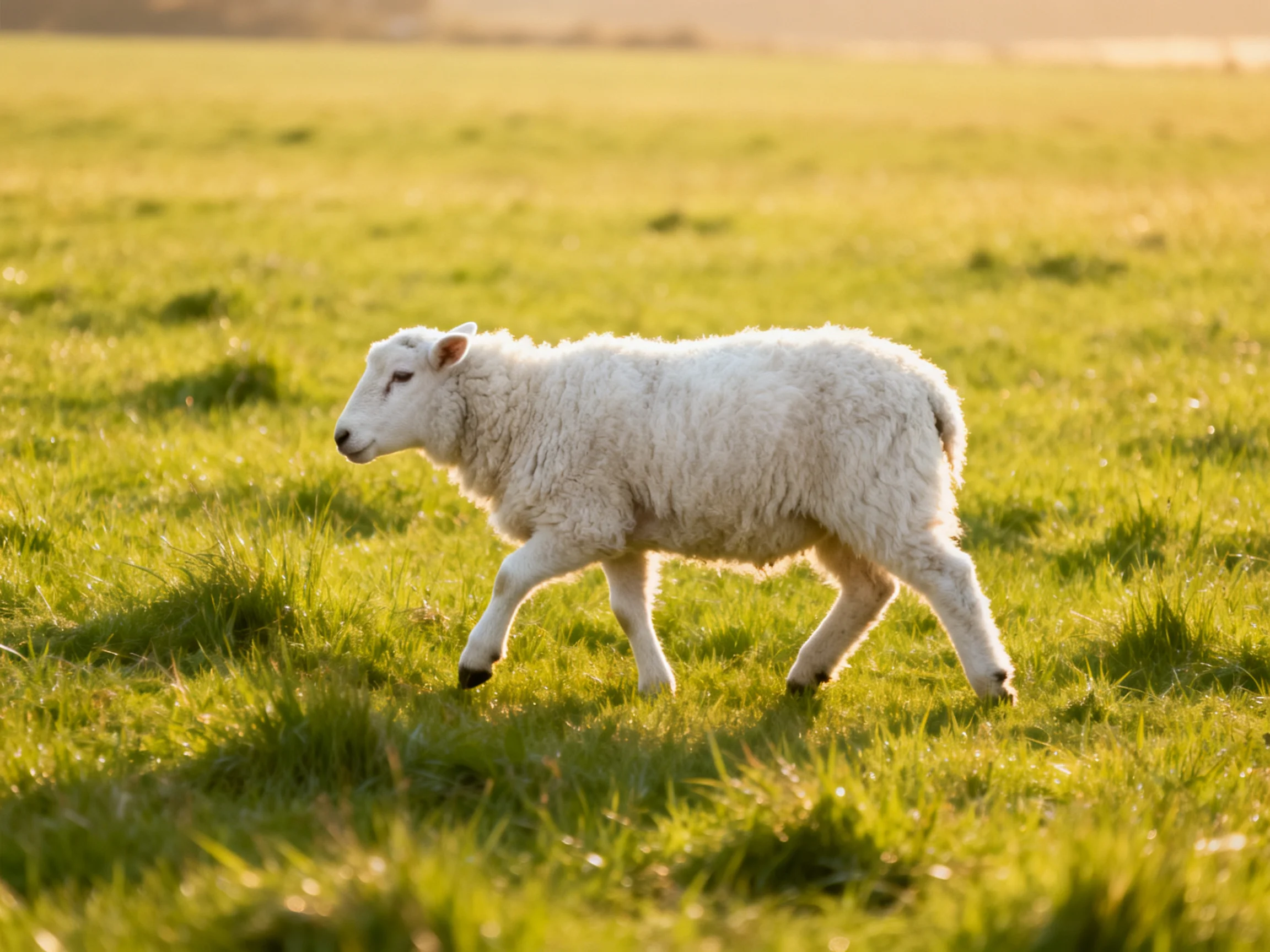 A fluffy white lamb walking through a sunlit green pasture