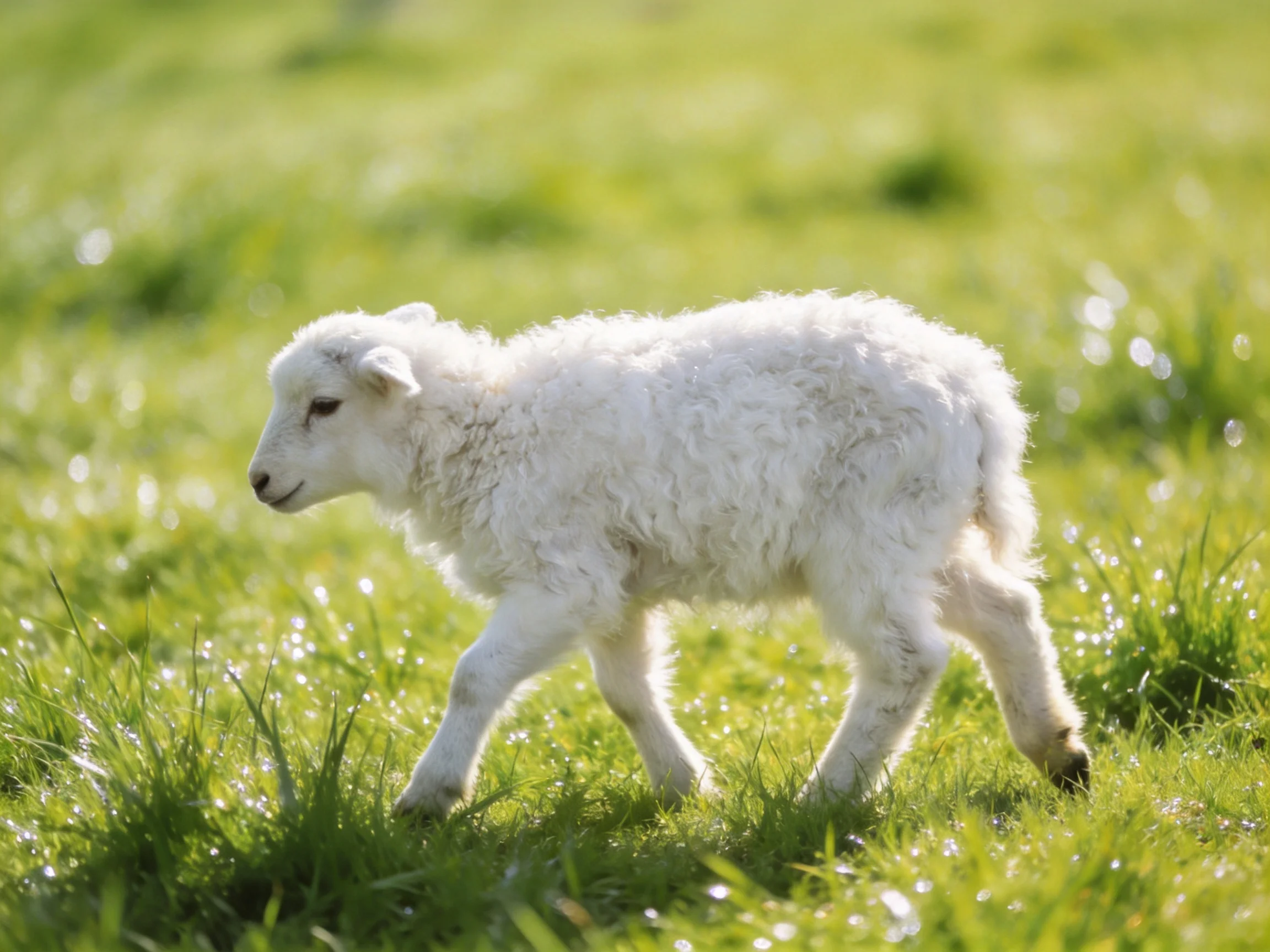 A fluffy white lamb walking through bright green grass