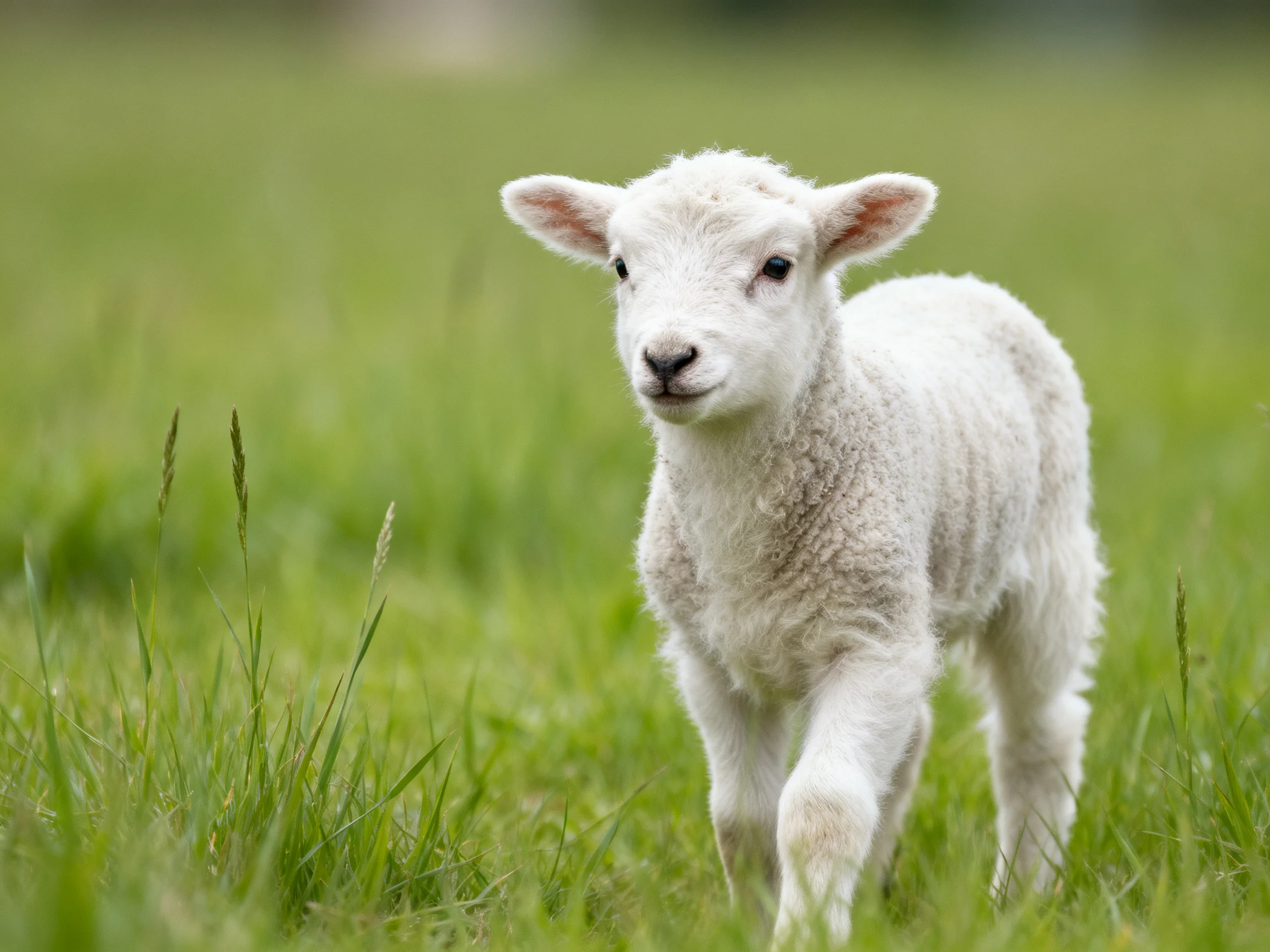 A fluffy white lamb walking through lush green grass