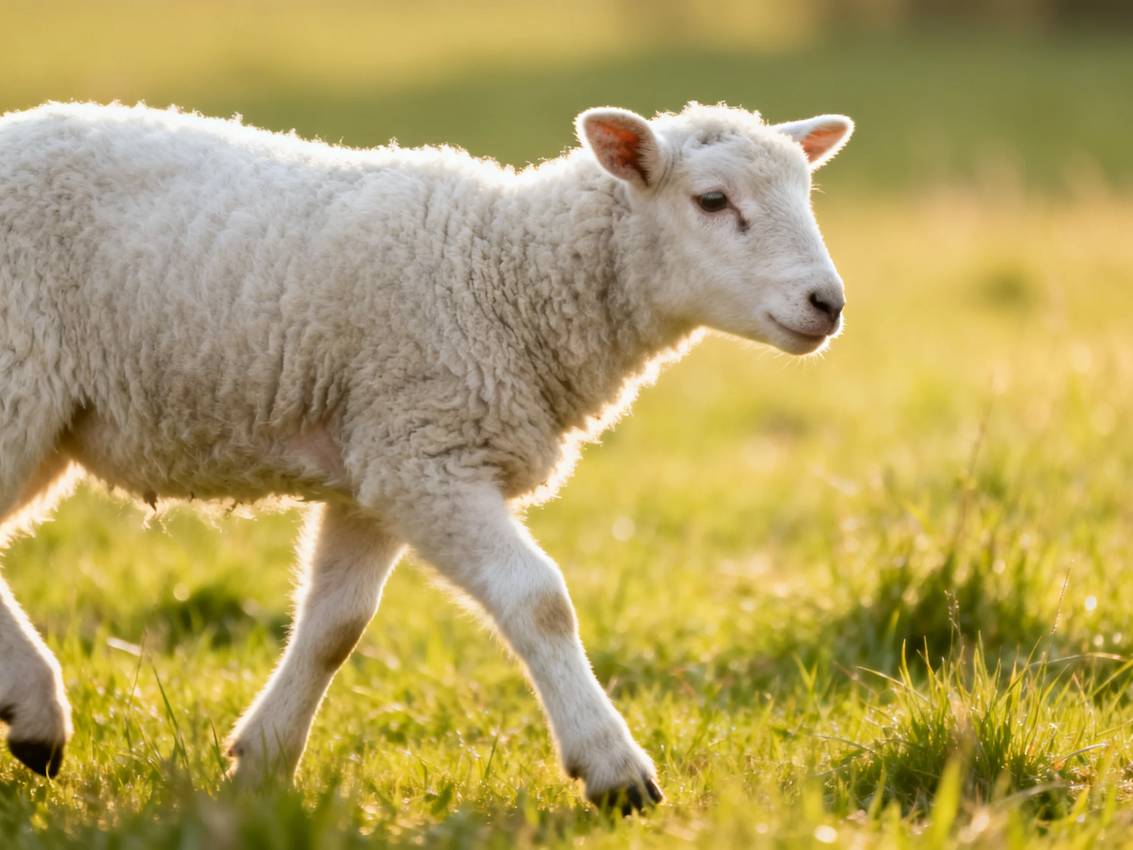 A fluffy white lamb walking through sunlit green meadow