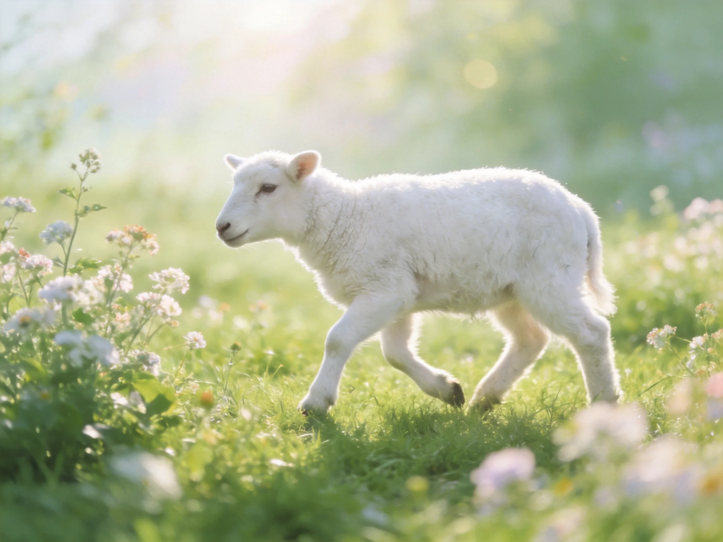 A fluffy white lamb wandering through a sun-dappled flower meadow