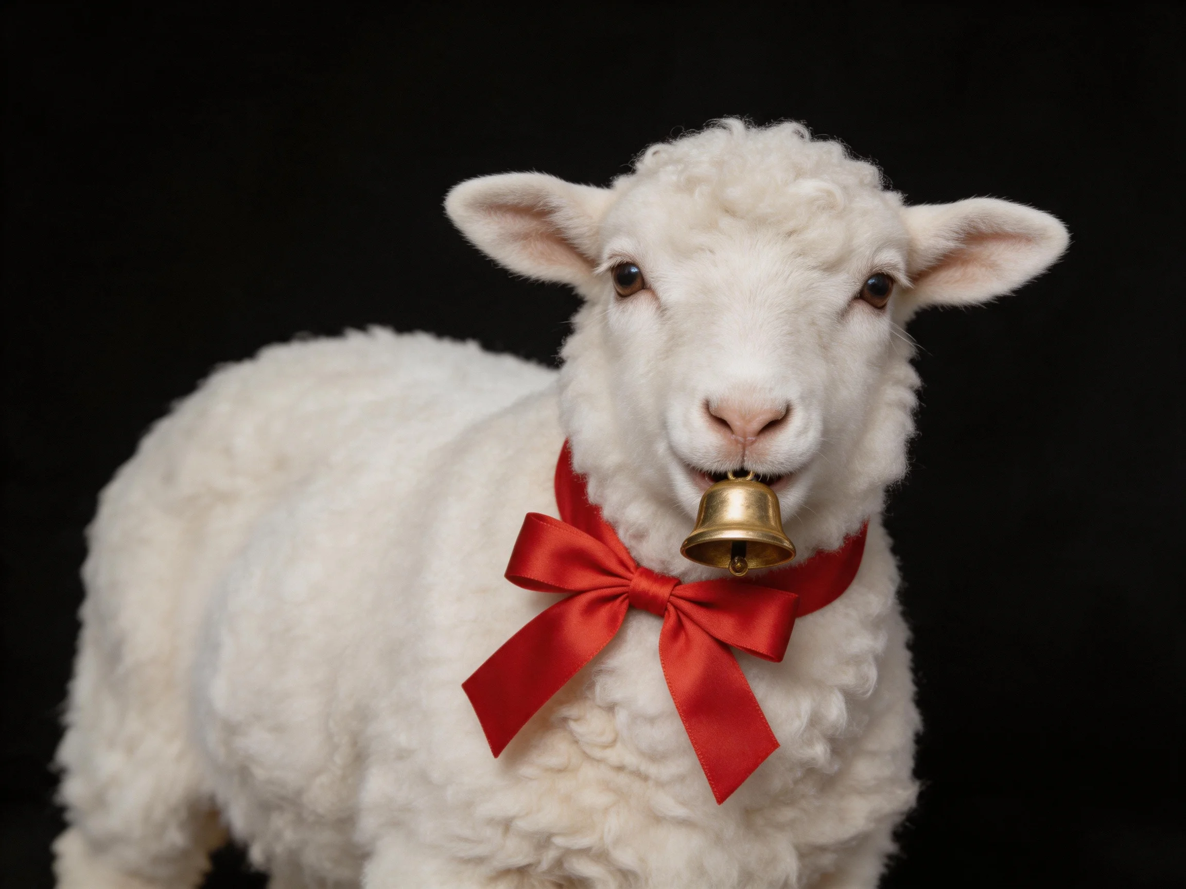 A fluffy white lamb wearing a bright red ribbon and brass bell