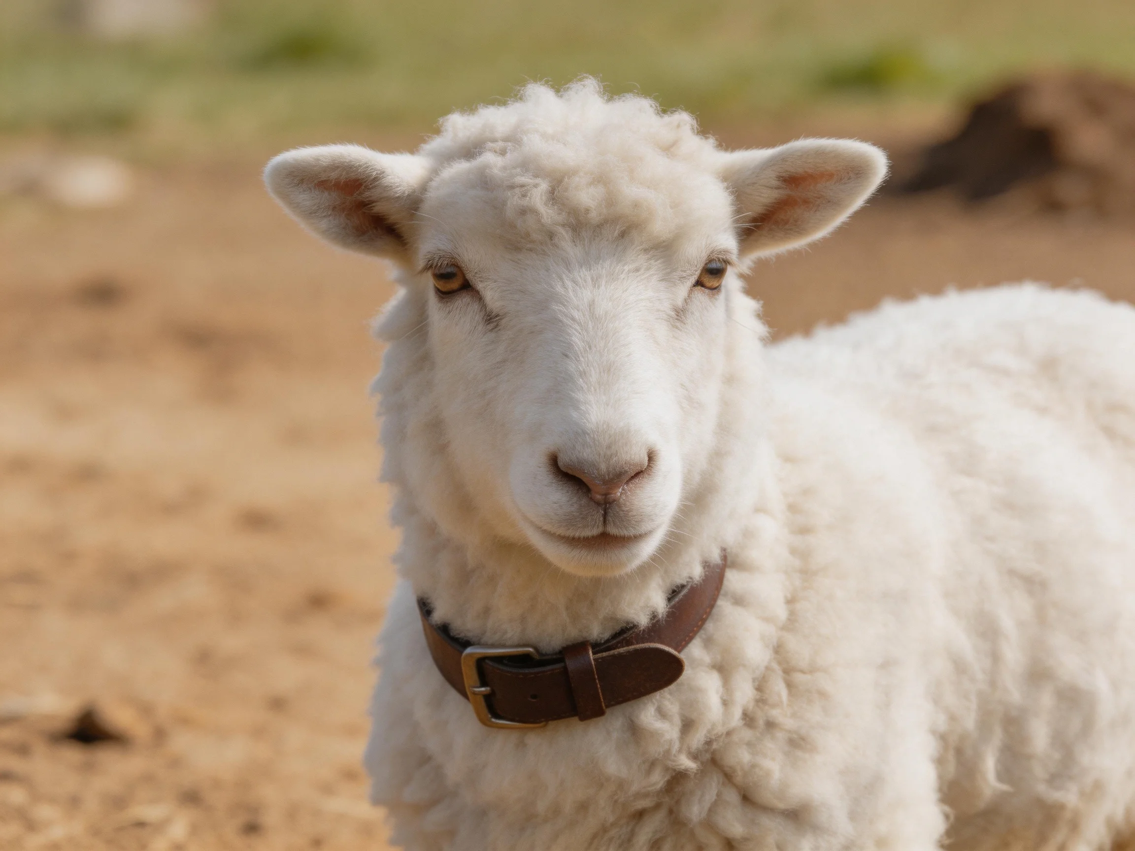 A fluffy white lamb wearing a brown collar outdoors