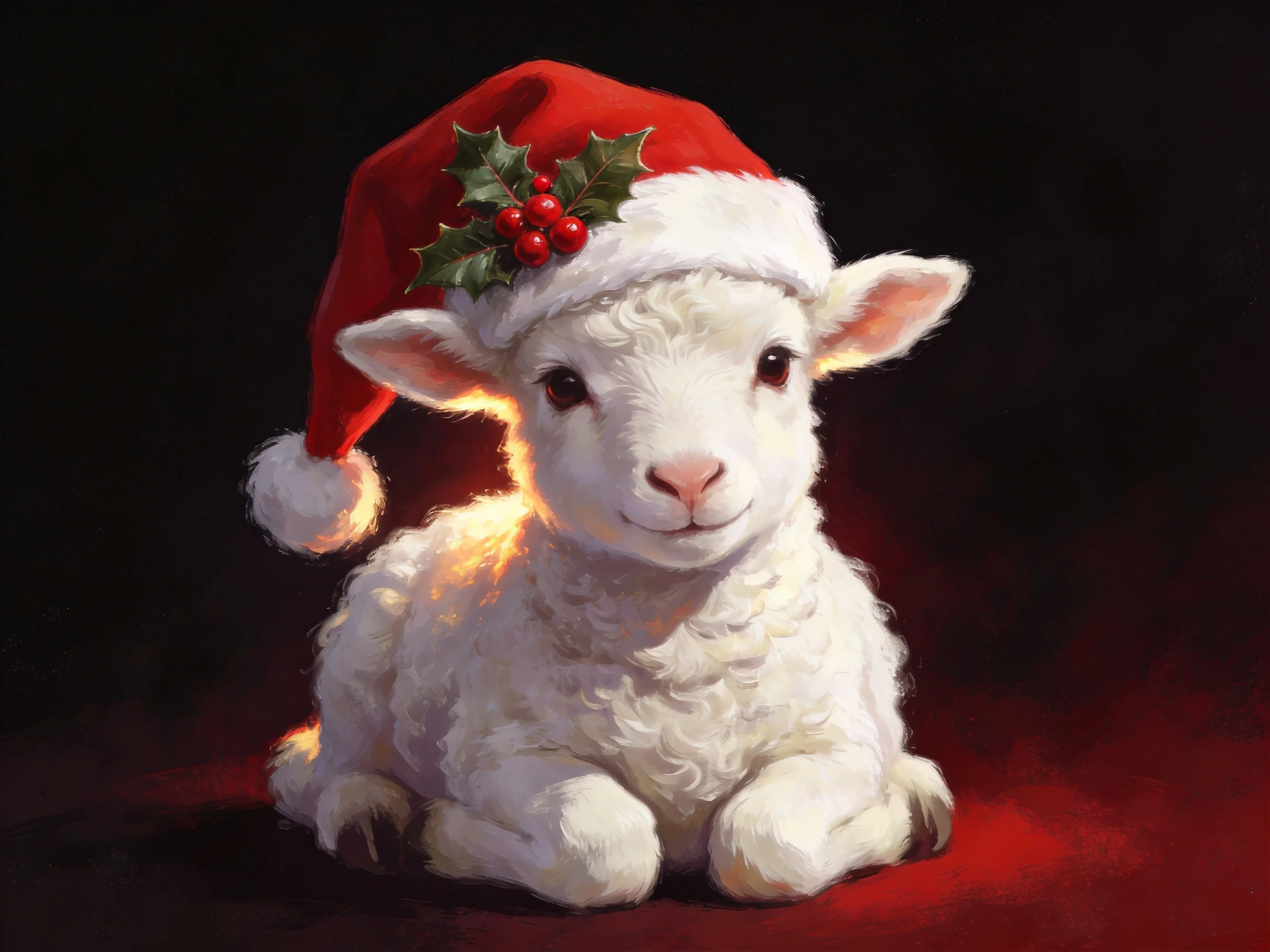 A fluffy white lamb wearing a red Santa hat with holly