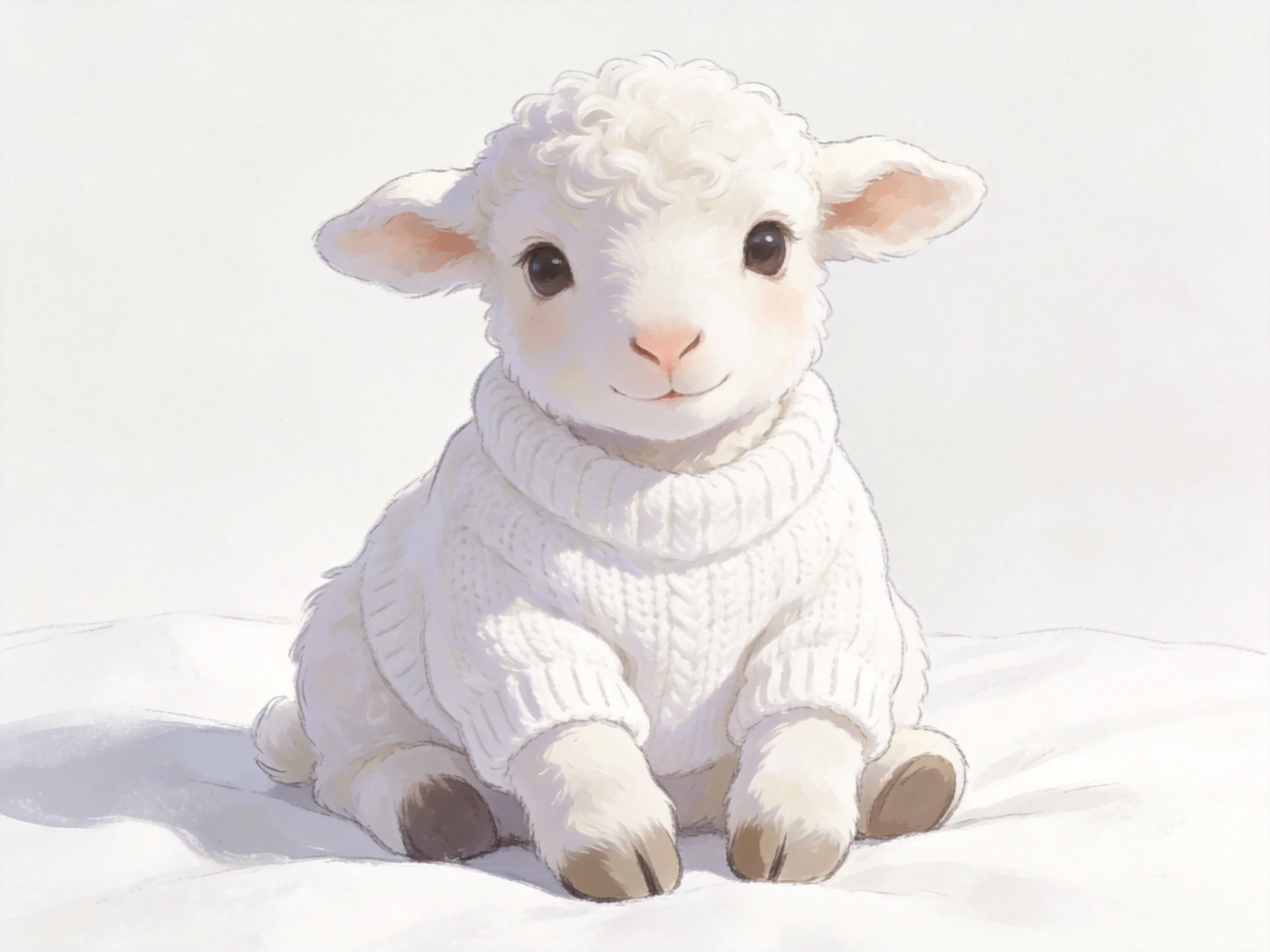 A fluffy white lamb wearing a thick white knit sweater