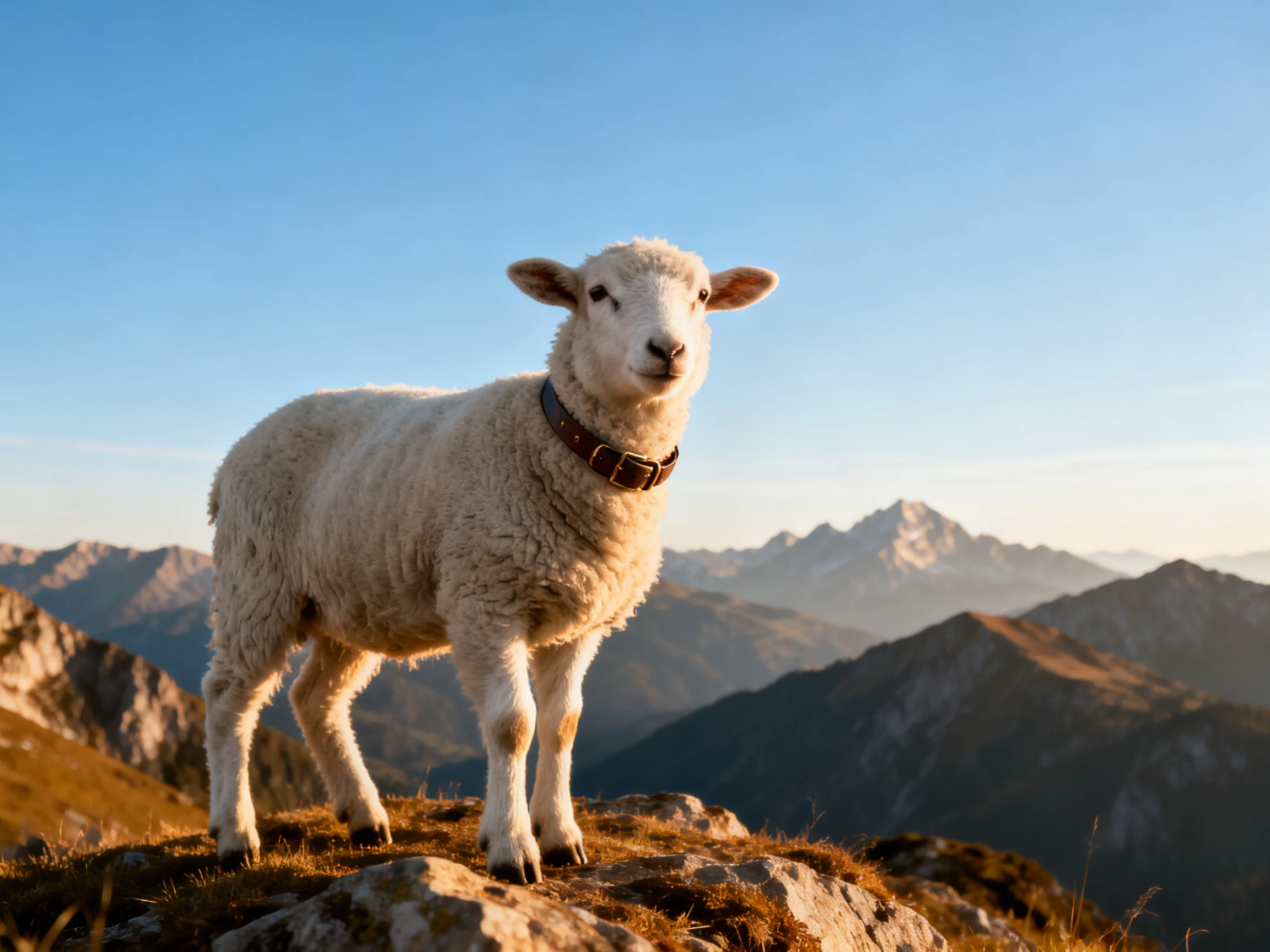 A fluffy white lamb with a collar stands on a rocky mountain summit