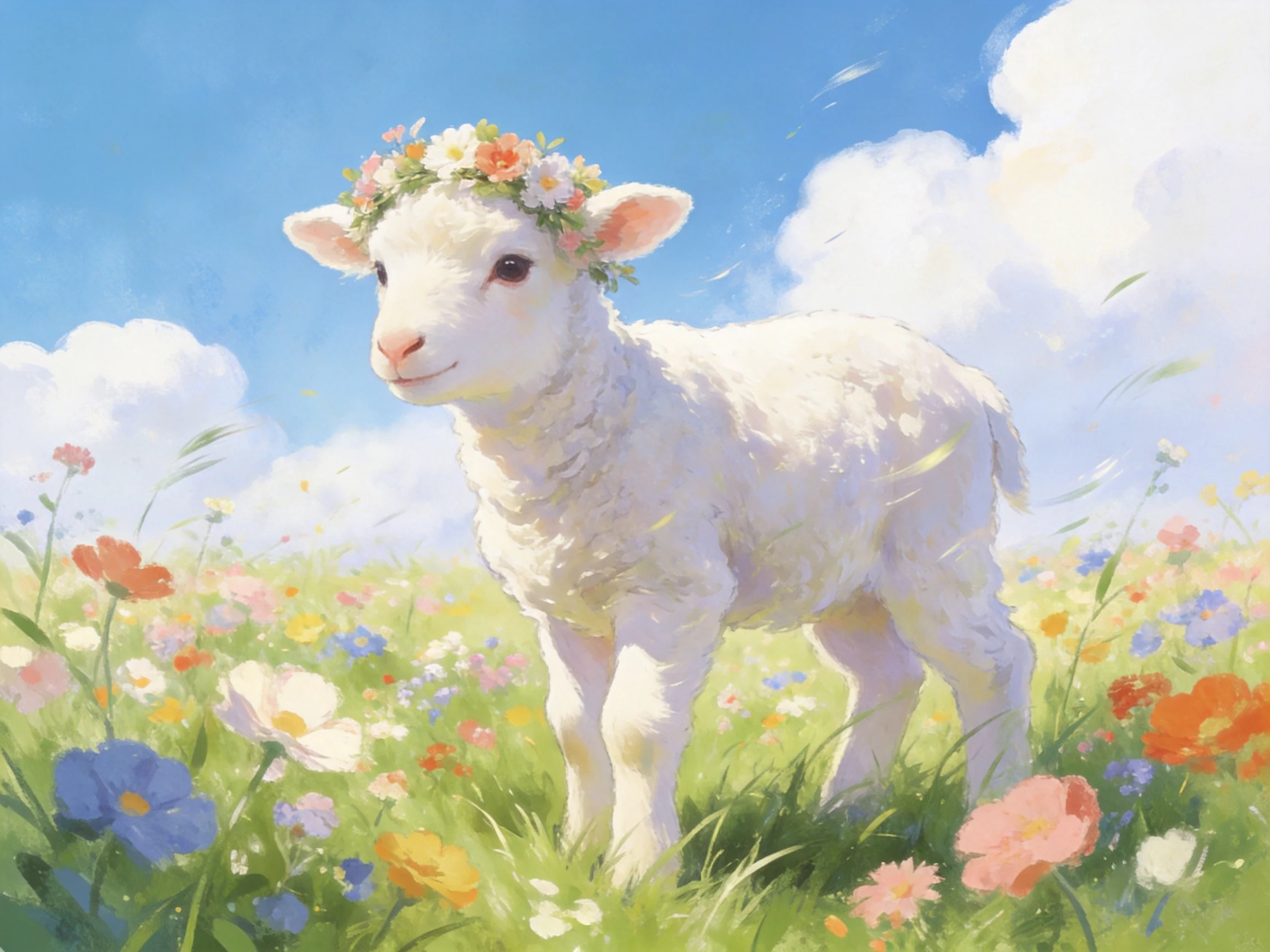 A fluffy white lamb with a flower crown in a blooming flower meadow