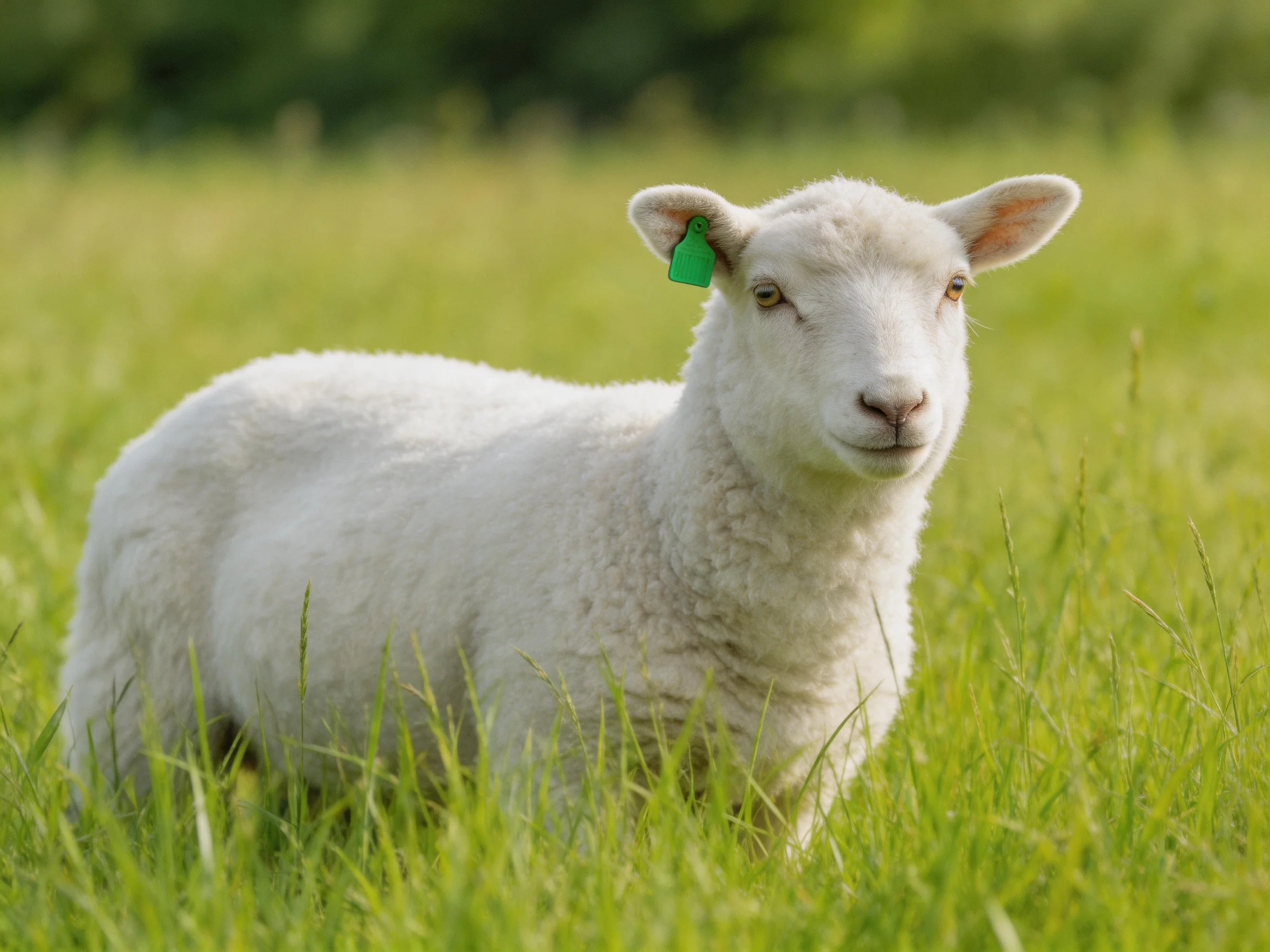 A fluffy white lamb with a green ear tag stands in lush green grass