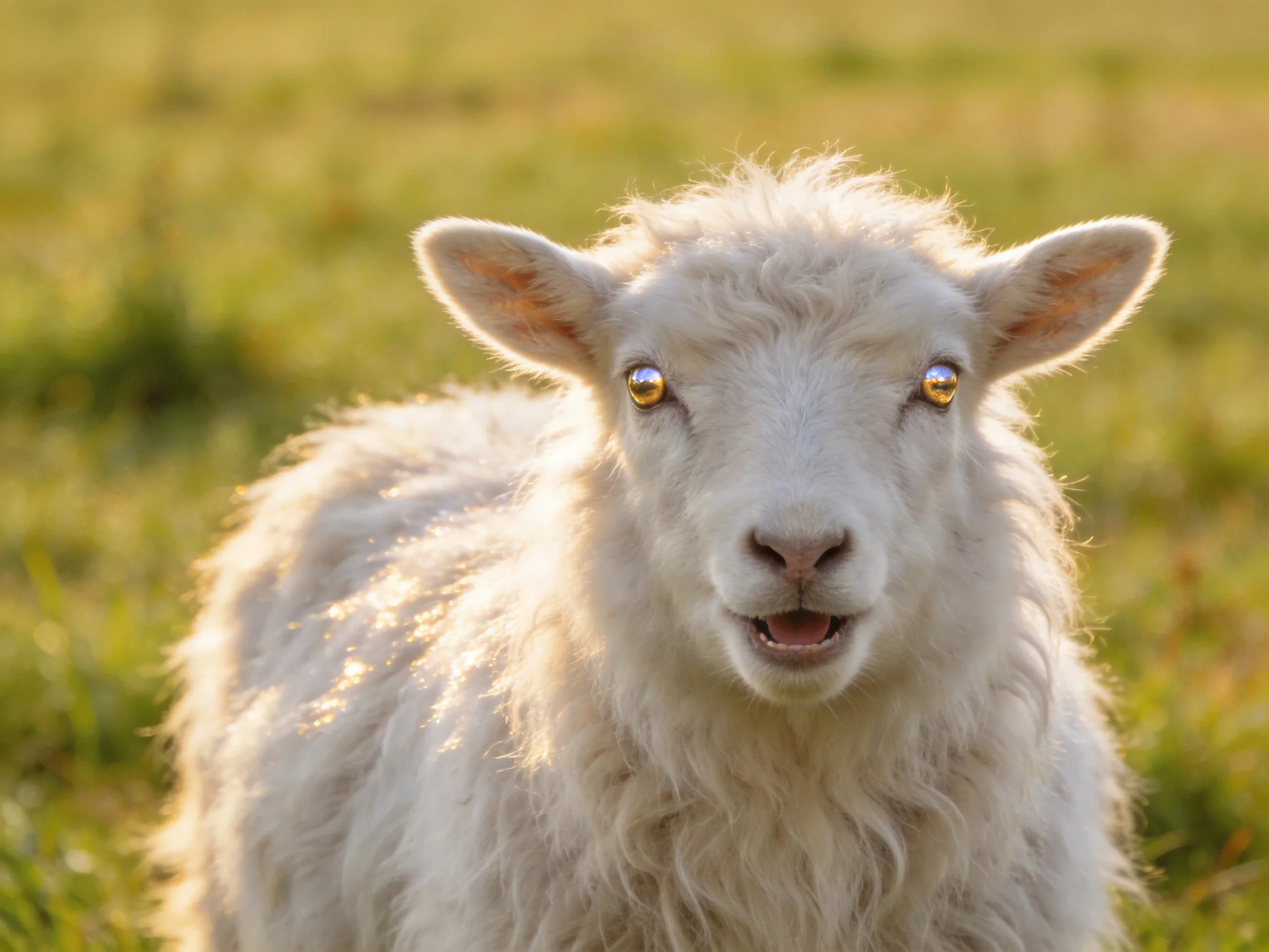 A fluffy white lamb with golden eyes in a sunlit green meadow